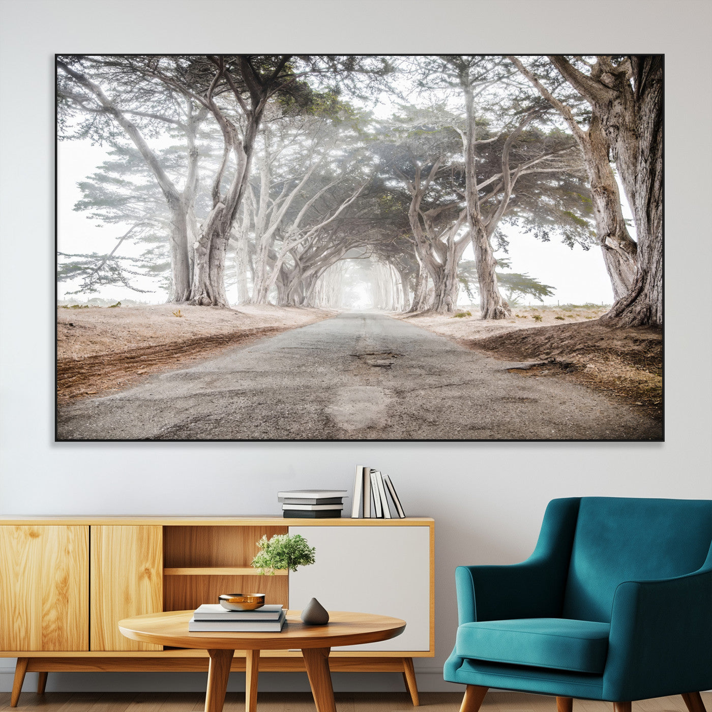 87090469-MGV-CV-36X24-Cypress Tunnel Wall Art – Framed Misty Road Canvas Artwork, Foggy Trees Design, Rustic Woodland Nature Decor for Home, Office