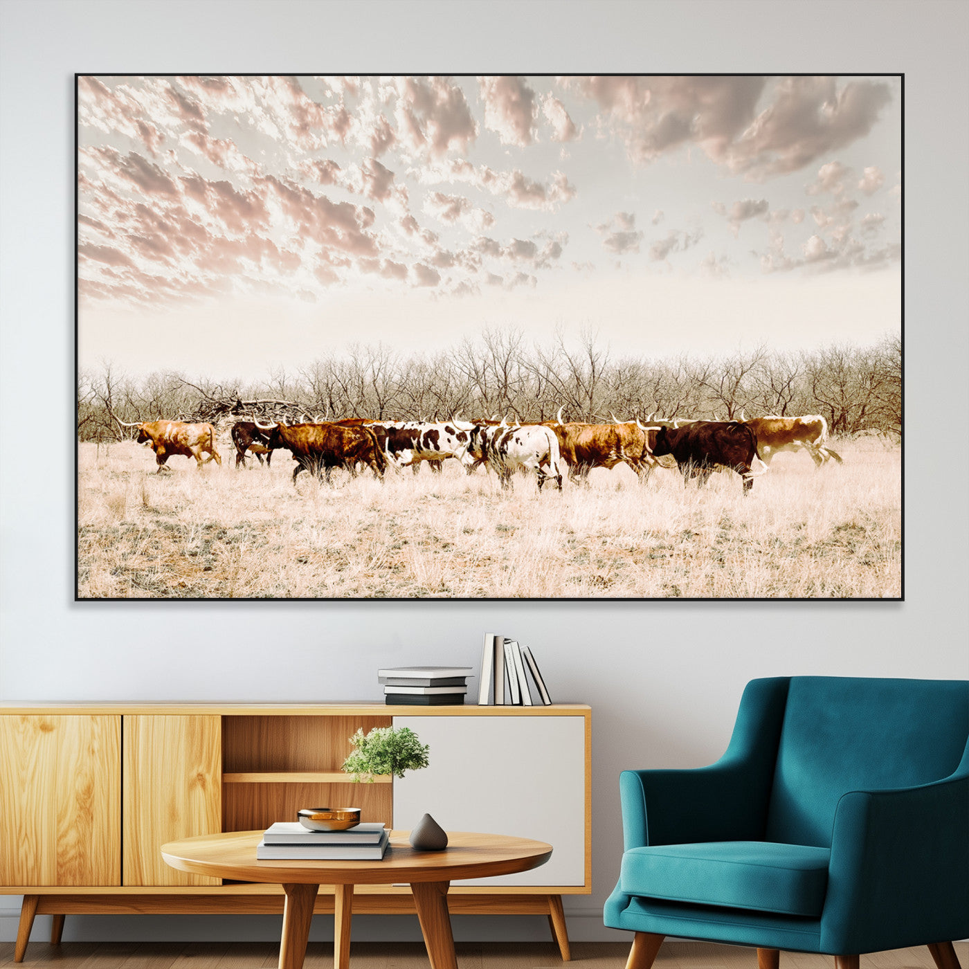 -Longhorn Cattle Wall Art Canvas Print, Framed Texas Ranch Art Picture Print, Western Cow Perfect