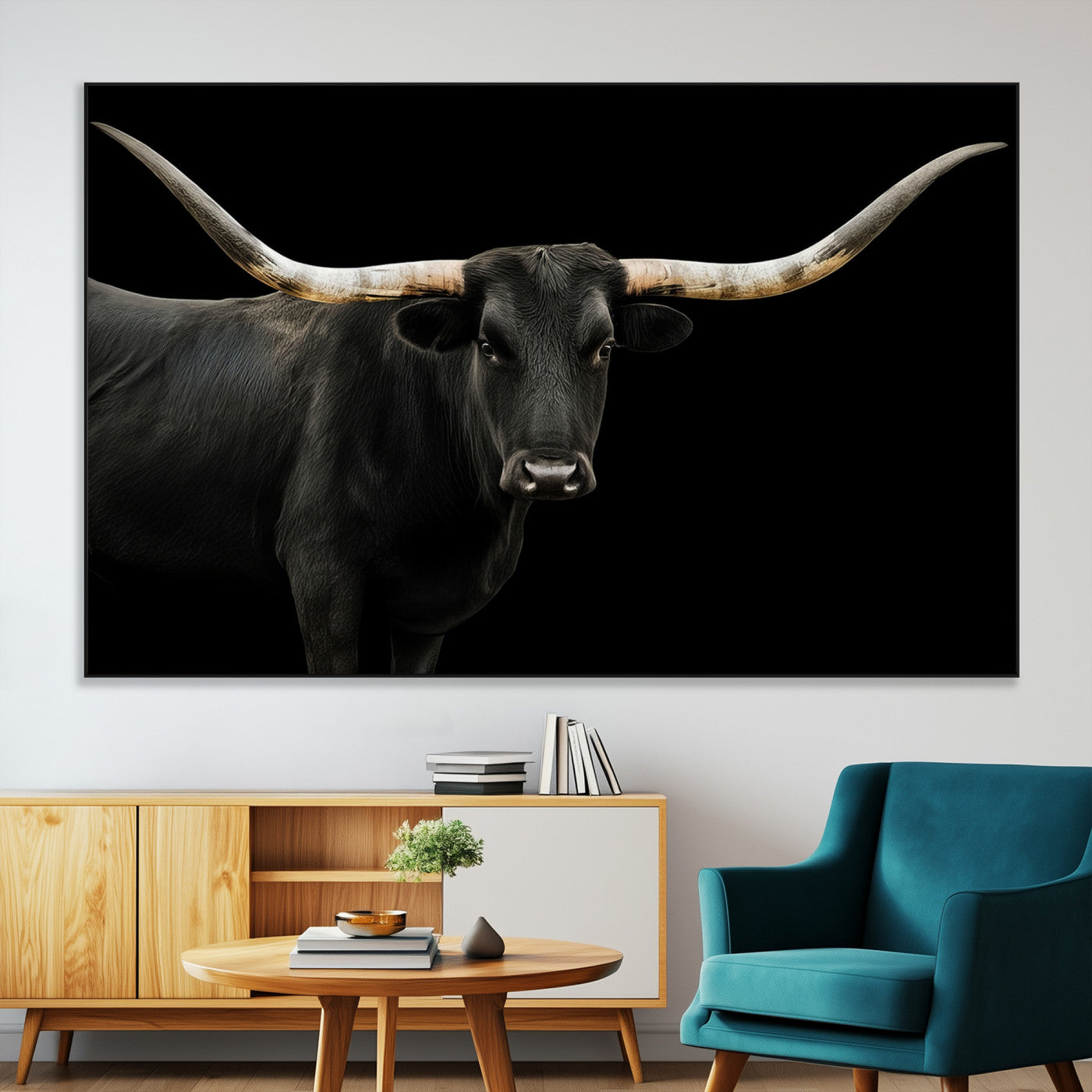 99448328-MGV-CV-36X24-Longhorn Cattle Wall Art Canvas Print – Framed Texas Ranch Scene with Western Cow Artwork for Home, Office, Living Room