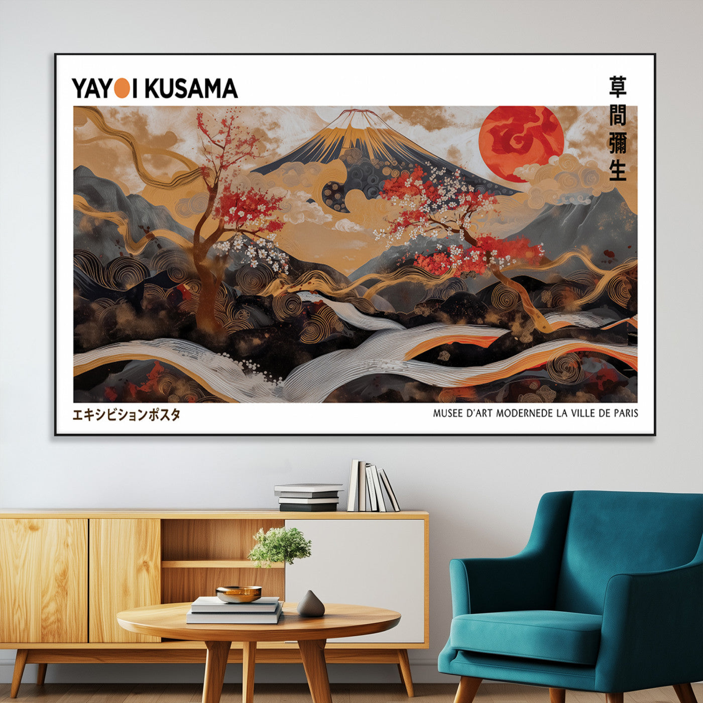 40959107-MGV-CV-36X24-Modern Japanese Wall Art Canvas Print – Framed Abstract Mount Fuji Scene Inspired Yayoi Kusama for Home, Office