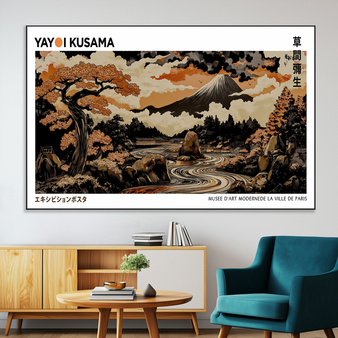 96372548-MGV-CV-36X24-Modern Japanese Wall Art Canvas Print – Framed Abstract Mount Fuji Scene with Yayoi Kusama Style Artwork for Home, Office