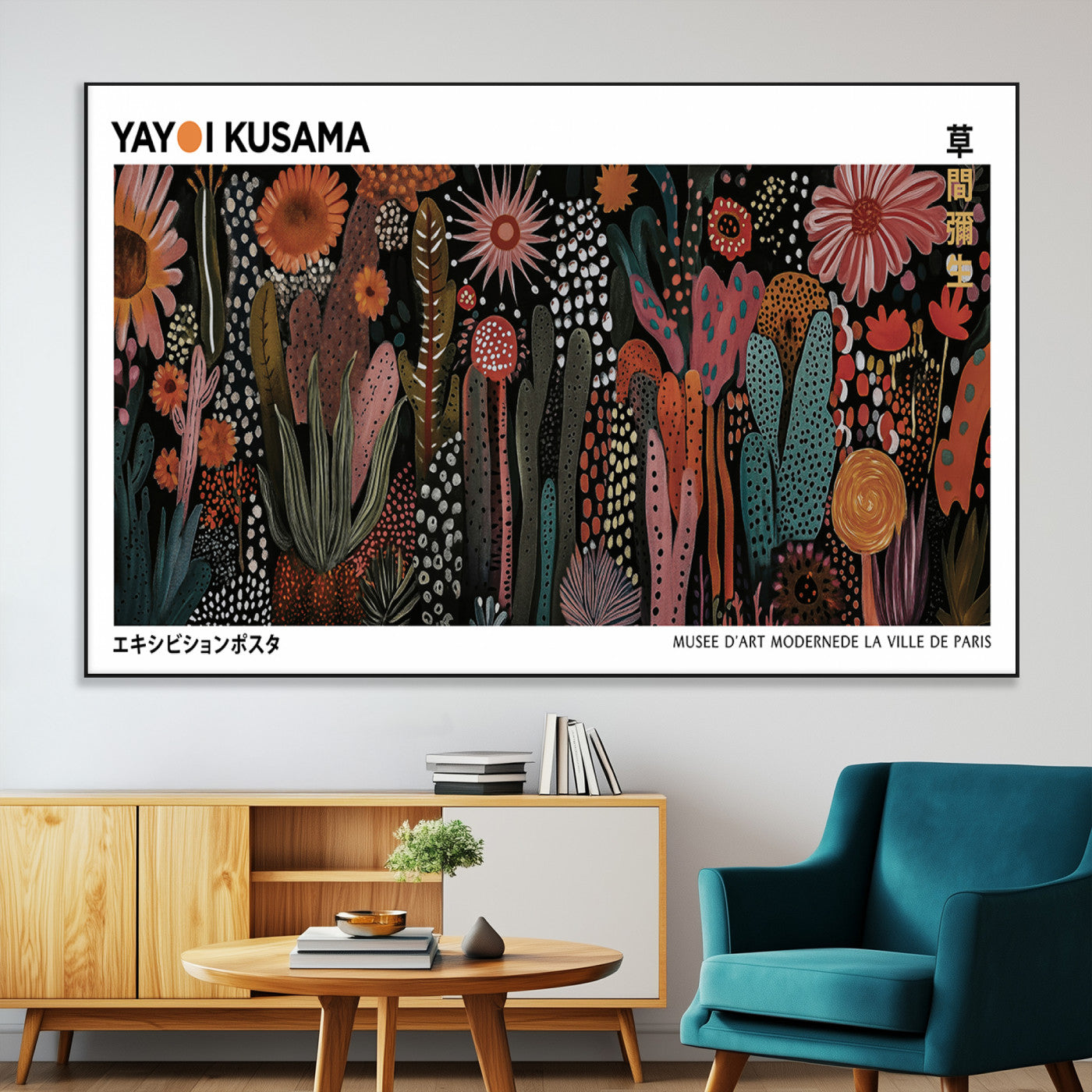 70632622-MGV-CV-36X24-Modern Japanese Wall Art Canvas Print – Framed Abstract Mount Fuji Scene with Yayoi Kusama Artwork for Home, Office