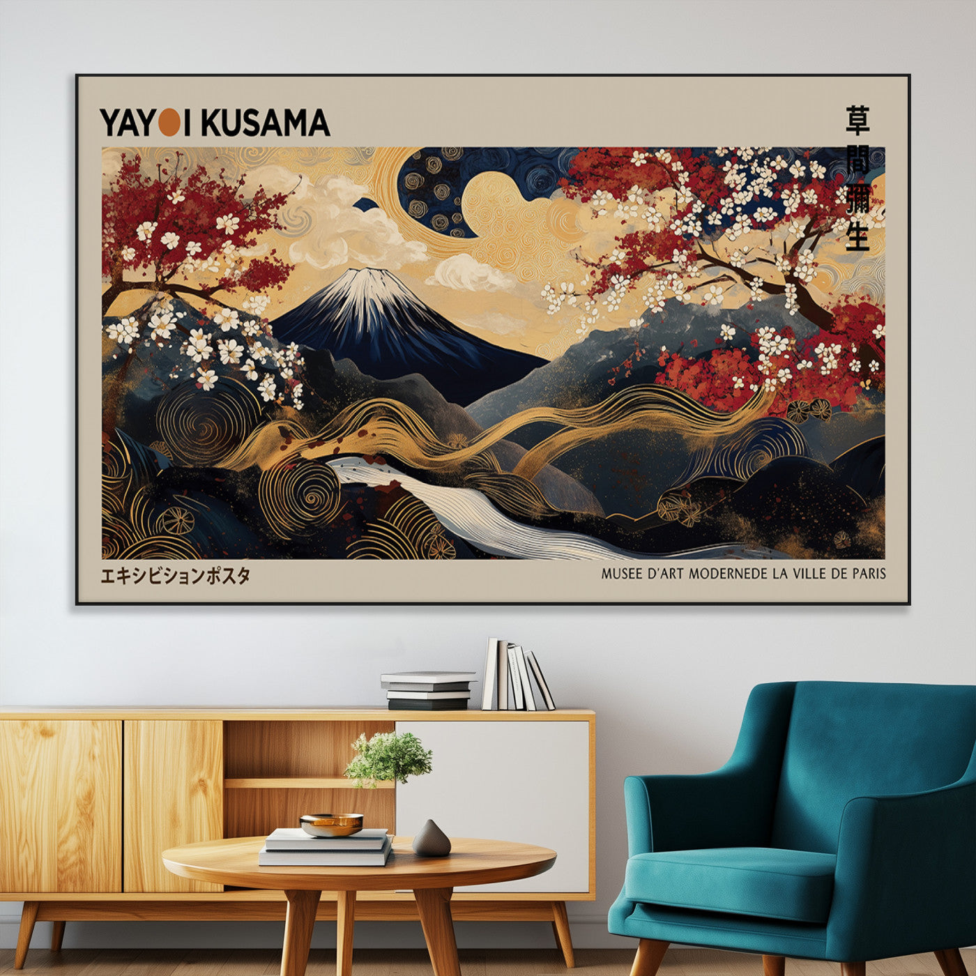 54967195-MGV-CV-36X24-Modern Japanese Wall Art Canvas Print – Framed Abstract Mount Fuji Scene with Yayoi Kusama Japanese Artwork for Home, Office