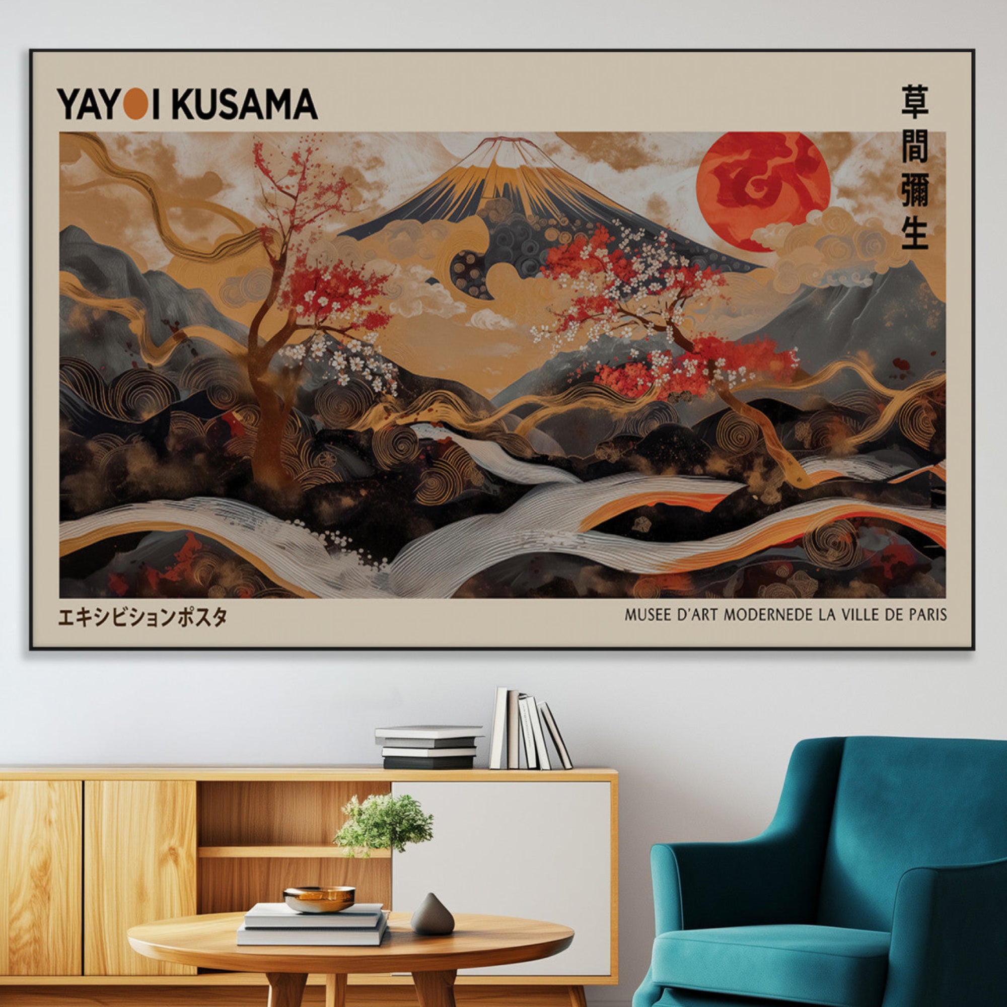 77970791-MGV-CV-36X24-Modern Japanese Wall Art Canvas Print – Framed Abstract Mount Fuji Scene with Yayoi Kusama Artwork for Home, Office