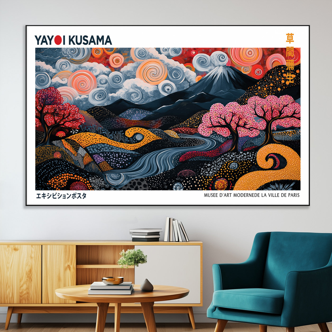 43879290-MGV-CV-36X24-Modern Japanese Wall Art Canvas Print – Framed Abstract Mount Fuji Scene with Yayoi Kusama Artwork for Home, Office