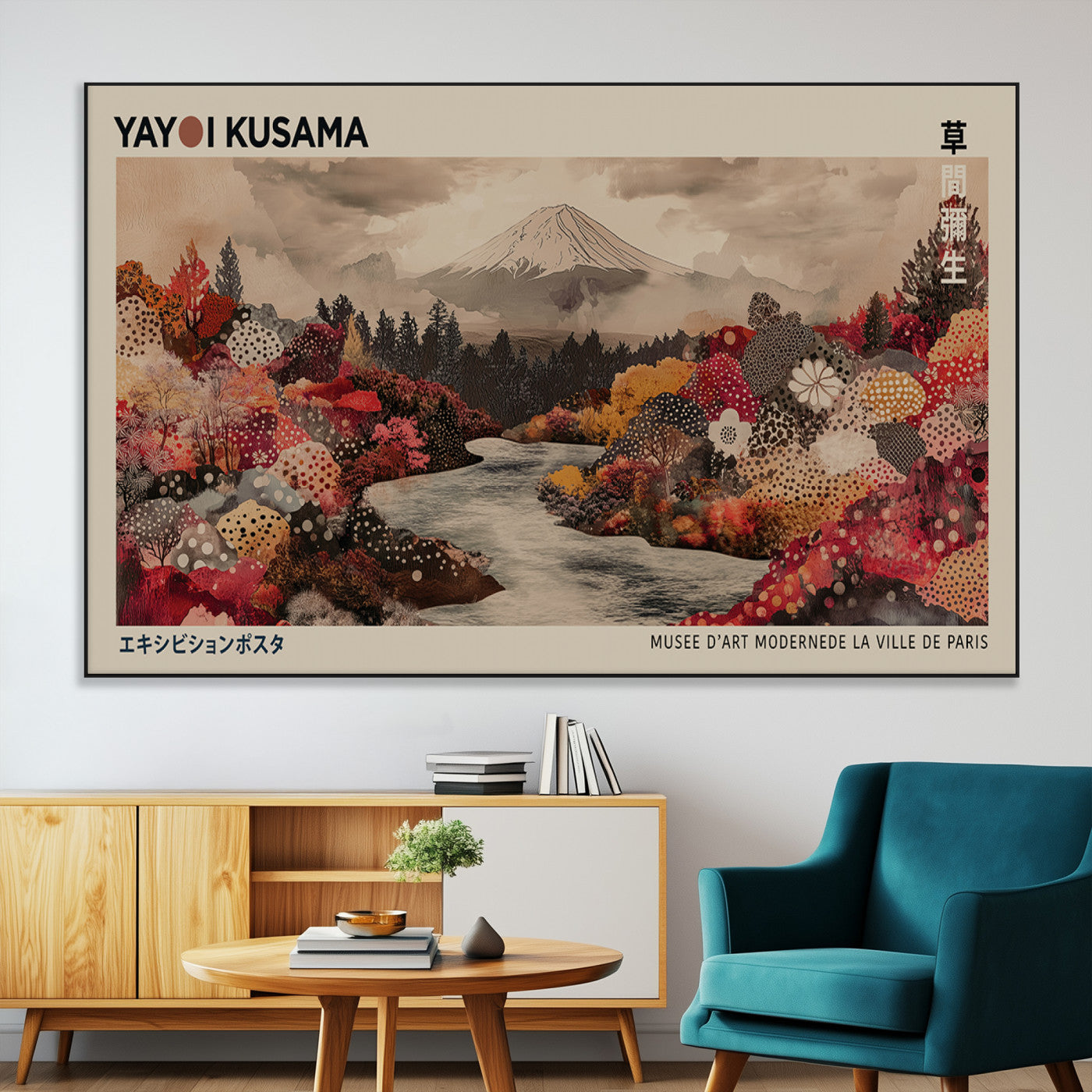 90660838-MGV-CV-36X24-Modern Japanese Wall Art Canvas Print – Framed Abstract Mount Fuji Scene with Yayoi Kusama Artwork for Home, Office