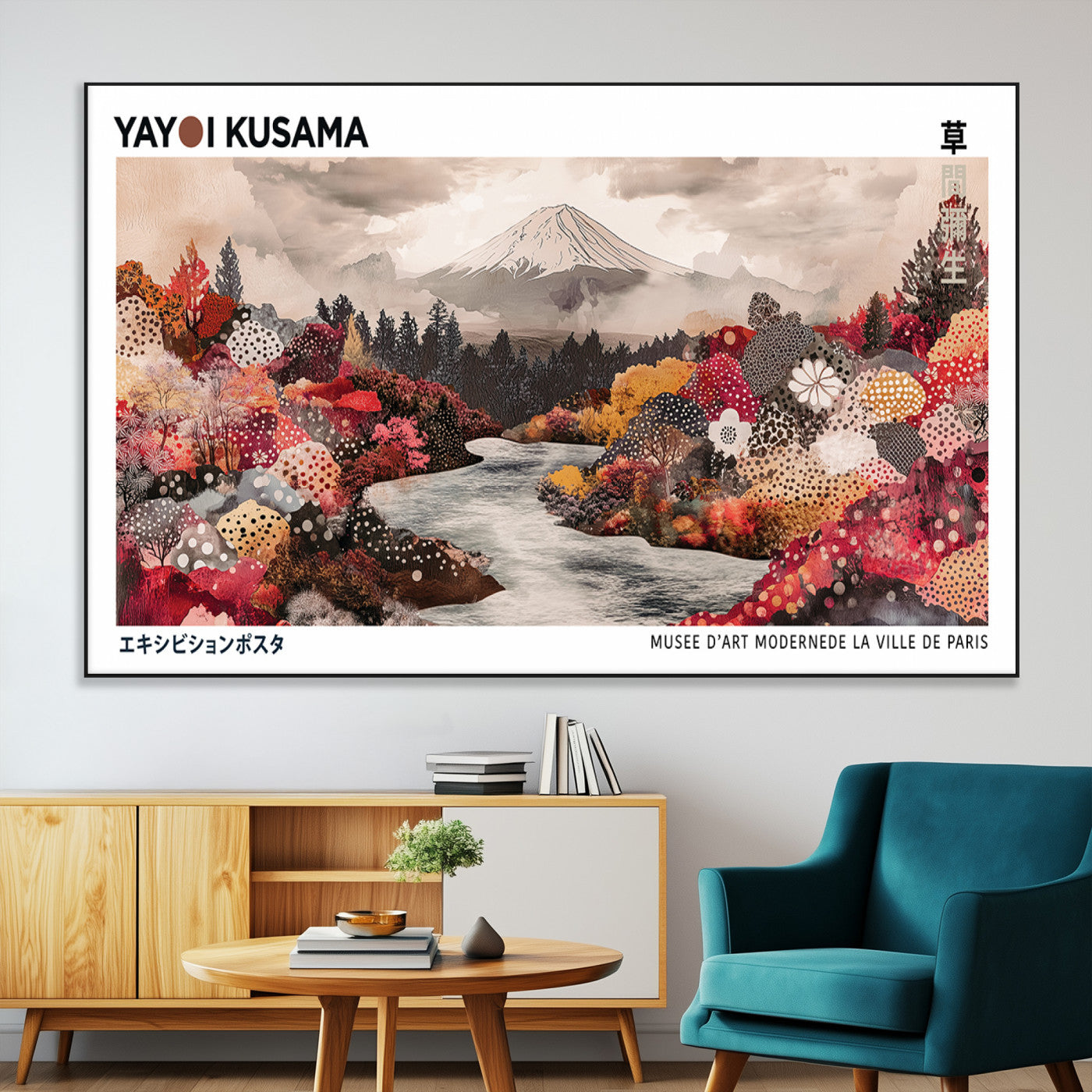 32352074-MGV-CV-36X24-Modern Japanese Wall Art Canvas Print – Framed Abstract Mount Fuji Scene with Yayoi Kusama Artwork for Home, Office