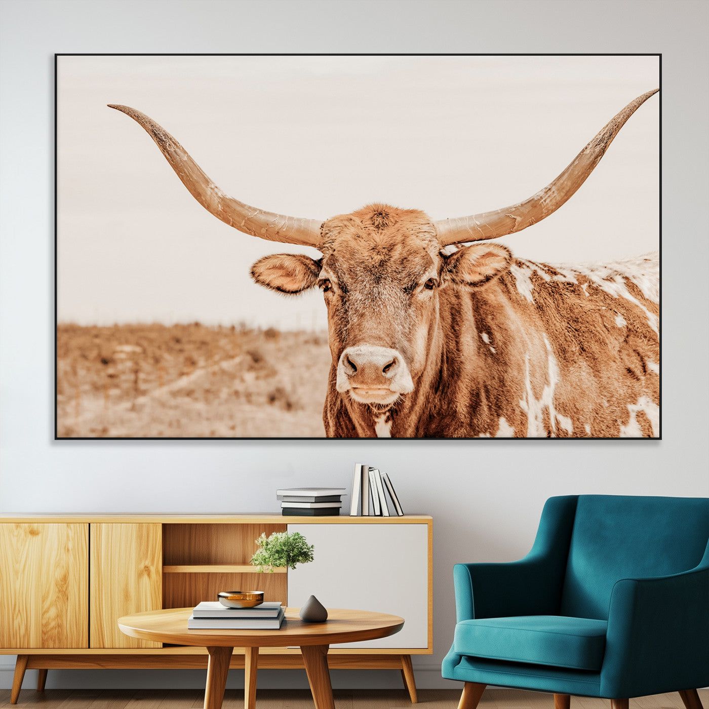74406977-MGV-CV-36X24-Longhorn Bull Wall Art Canvas Print – Framed Western Cow Rustic Farmhouse Neutral Country Animal Artwork for Home Office