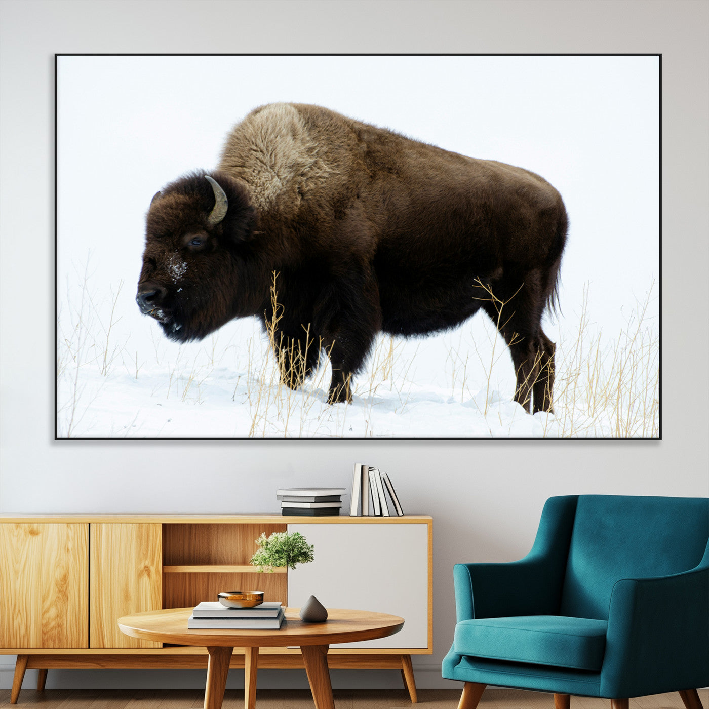 76778120-MGV-CV-36X24-Bison Wall Art Canvas Print – Framed Western Wildlife Buffalo Snow Rustic Nature Scene Artwork for Home Office