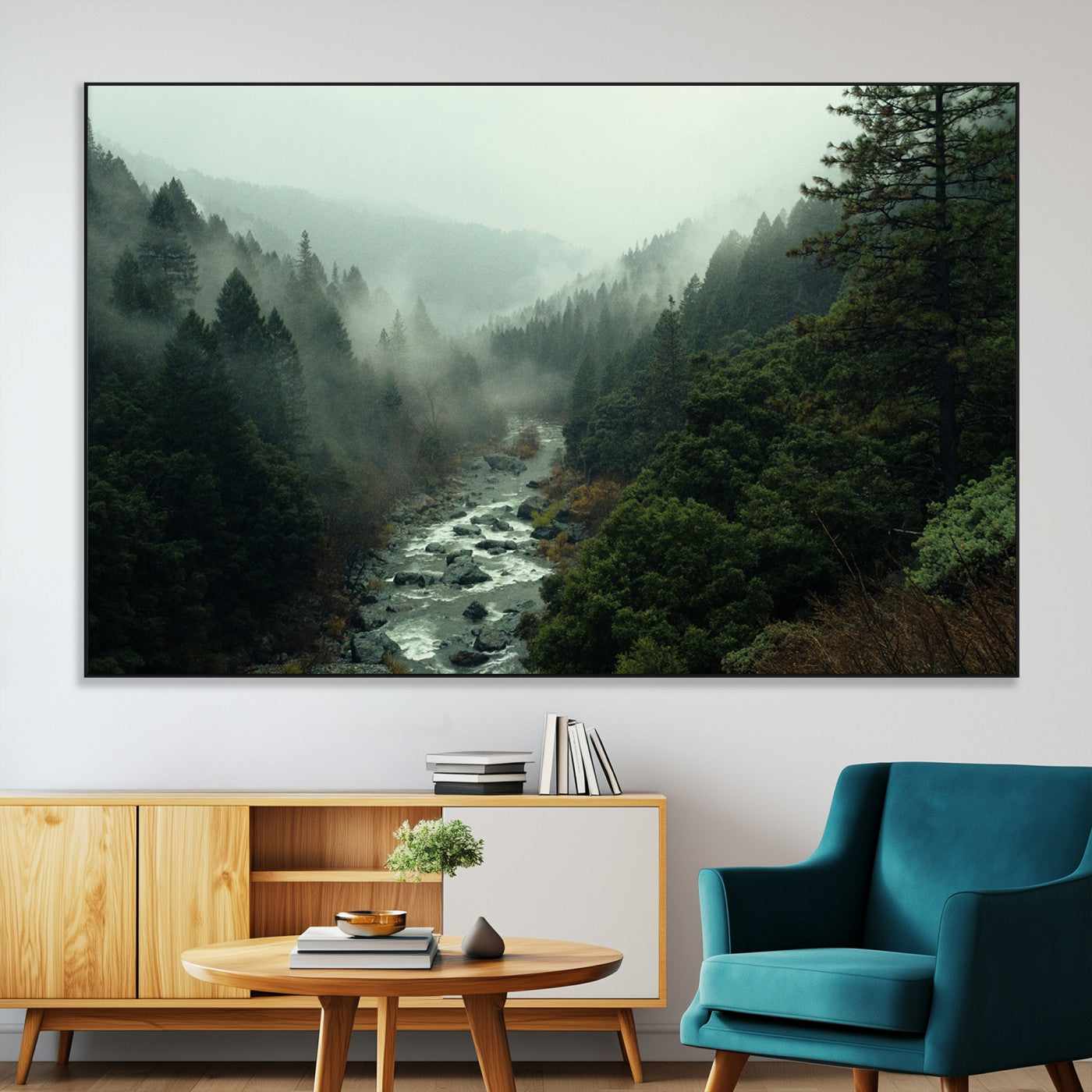 48497565-MGV-CV-36X24-Misty Forest Wall Art Canvas Print – Framed Foggy River Moody Landscape Wilderness Nature Scene Artwork for Home Office