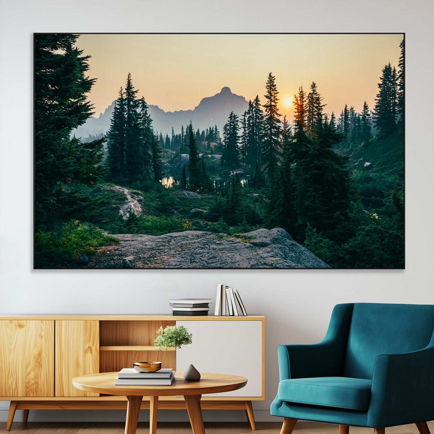 66397982-MGV-CV-36X24-Mountain Wall Art Canvas Print – Framed Forest Serenity Mountain Nature Scene Artwork for Home Office