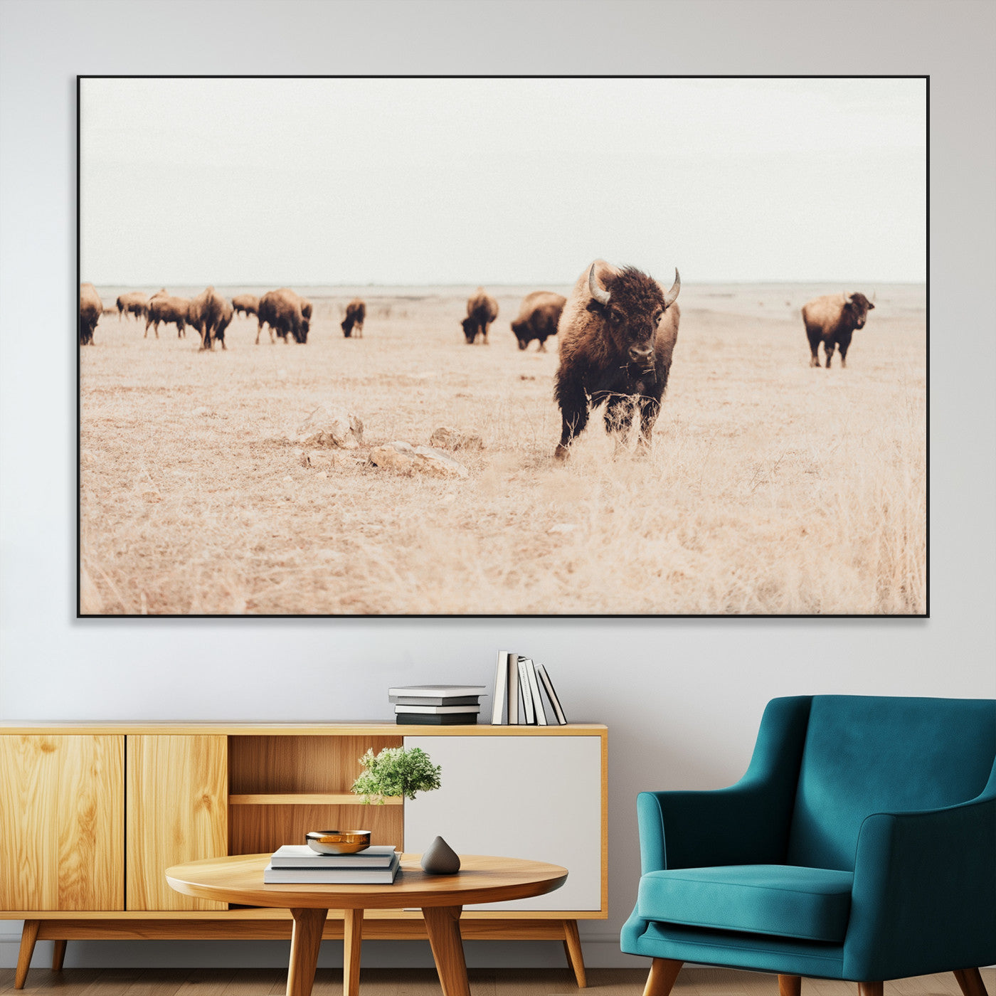 61367865-MGV-CV-36X24-Bison Herd Wall Art Canvas Print – Framed Western Prairie Serenity Ranch Nature Scene Artwork for Home Office