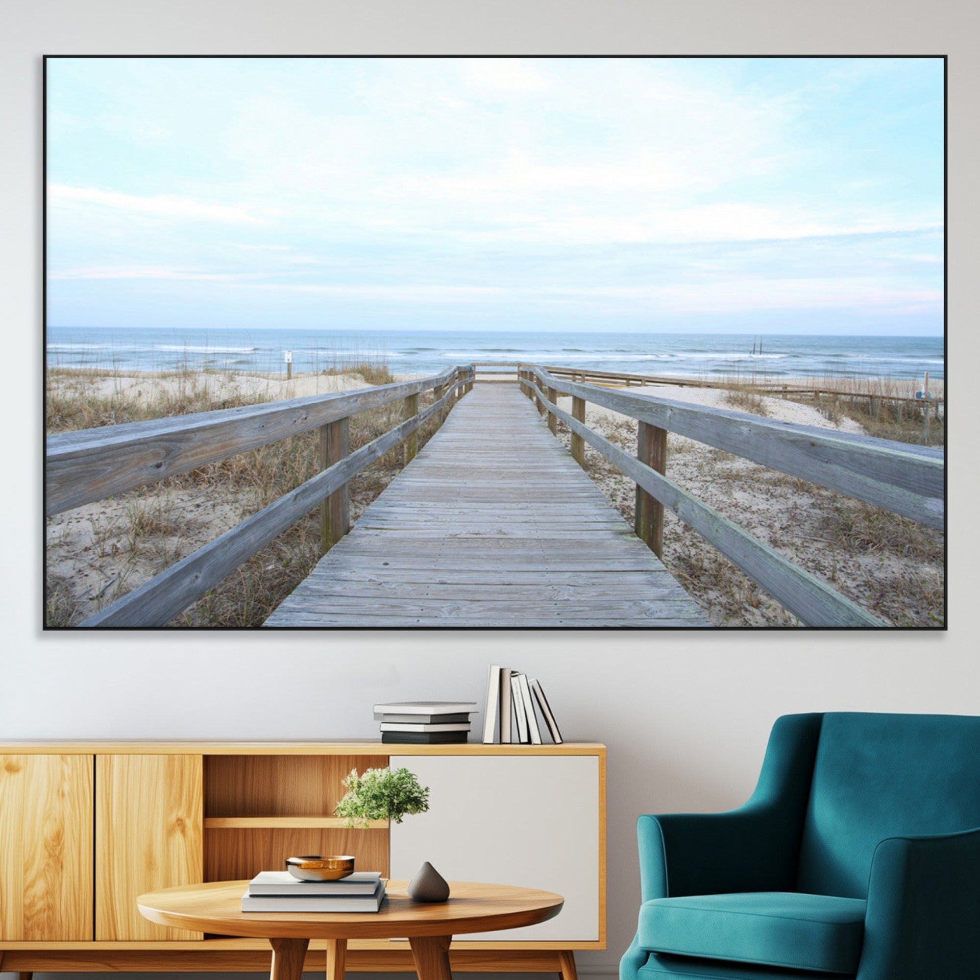 31602988-MGV-CV-36X24-Beach Boardwalk Wall Art Canvas Print – Framed Coastal Serenity Ocean View Nature Scene Artwork for Home Office