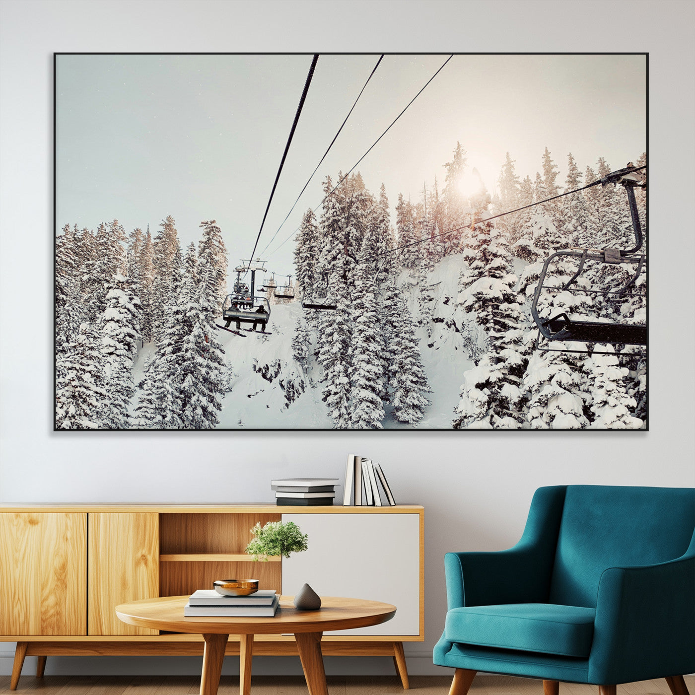 91534512-MGV-CV-36X24-Frosty Pines Wall Art Canvas Print – Framed Cozy Cabin Ski Lift Ride Winter Scene Artwork for Home Office
