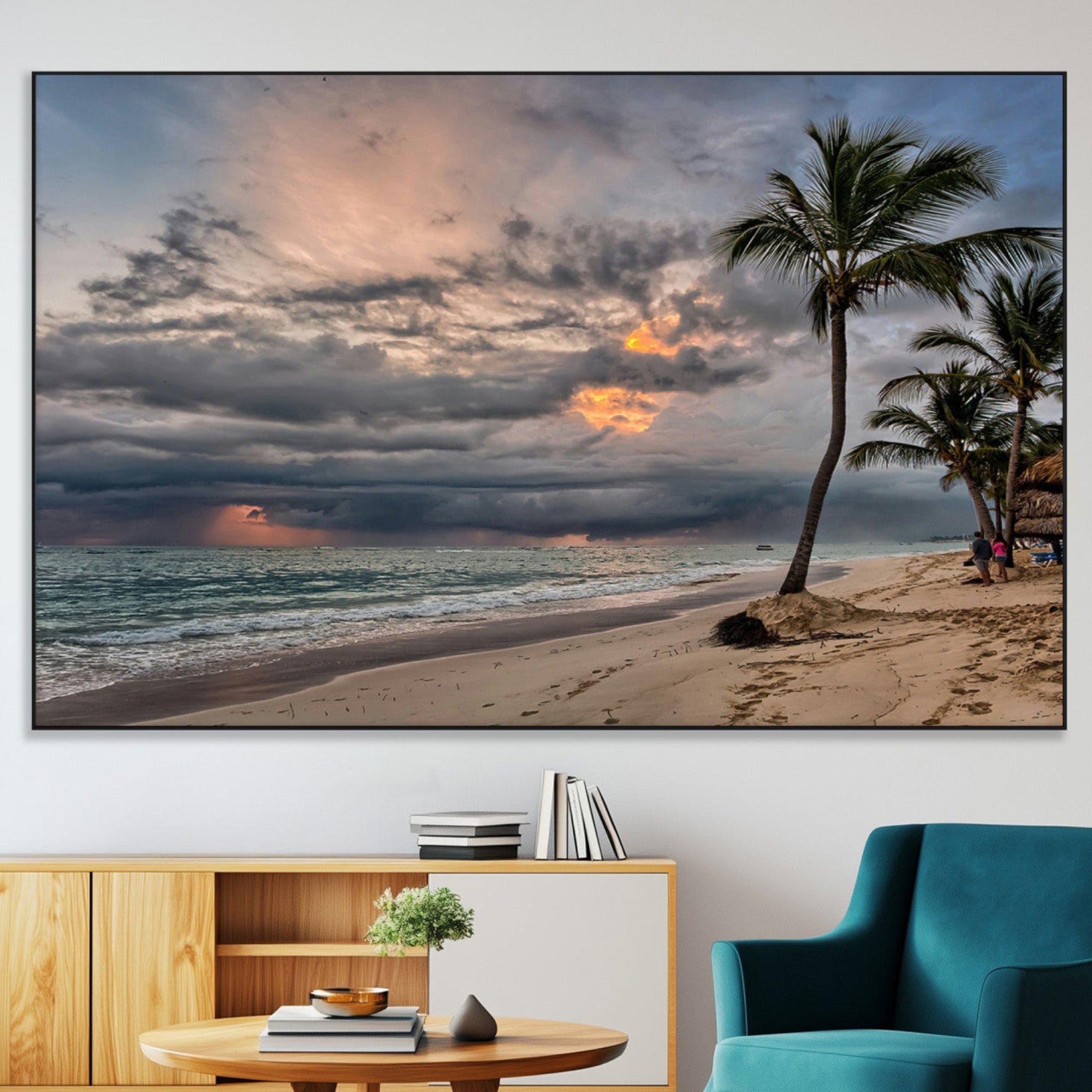 62574547-MGV-CV-36X24-Tropical Storm Wall Art Canvas Print – Framed Moody Beach Dramatic Sky Tropical Coastal Landscape Artwork for Home, Office