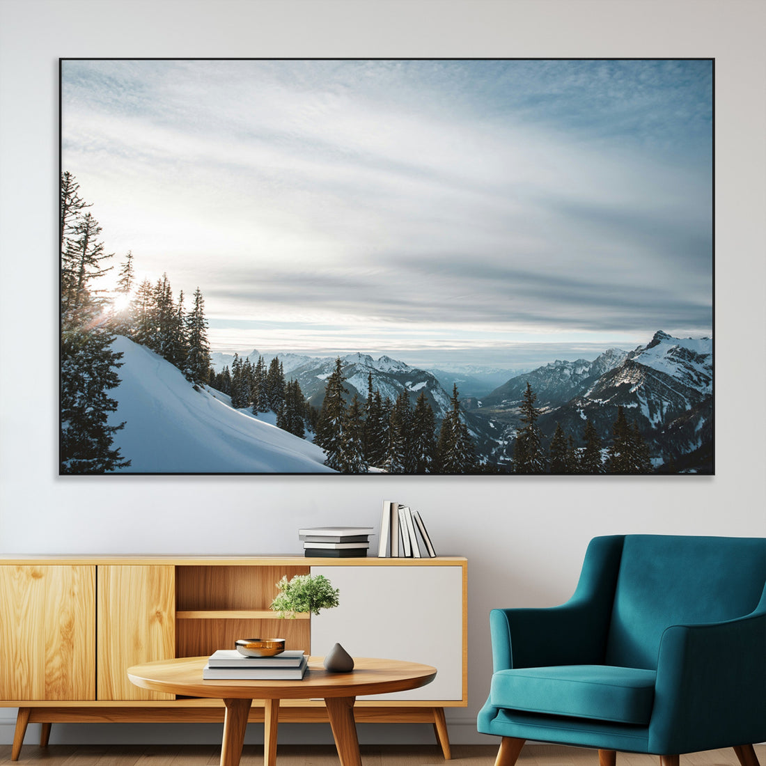Snowy Mountains Wall Art Canvas Print, Framed Alpine Landscape Frosty Peaks Artwork