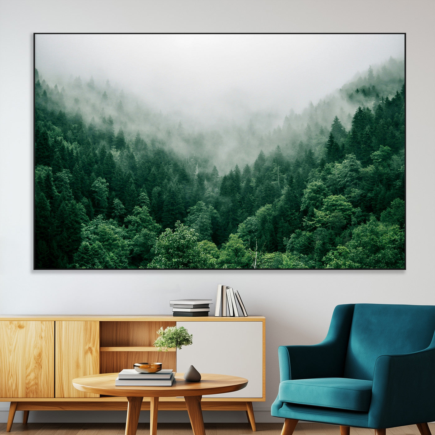 45265379-MGV-CV-36X24-Misty Green Forest Canvas Print – Framed Serene Foggy Pine Landscape Tranquil Nature Wall Art for Home, Office