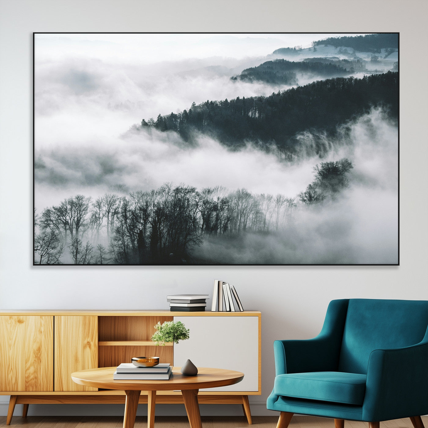 67569654-MGV-CV-36X24-Foggy Forest Landscape Wall Art Canvas Print – Misty Mountain Valley Scene Monochrome Tones Nature Artwork for Home Office