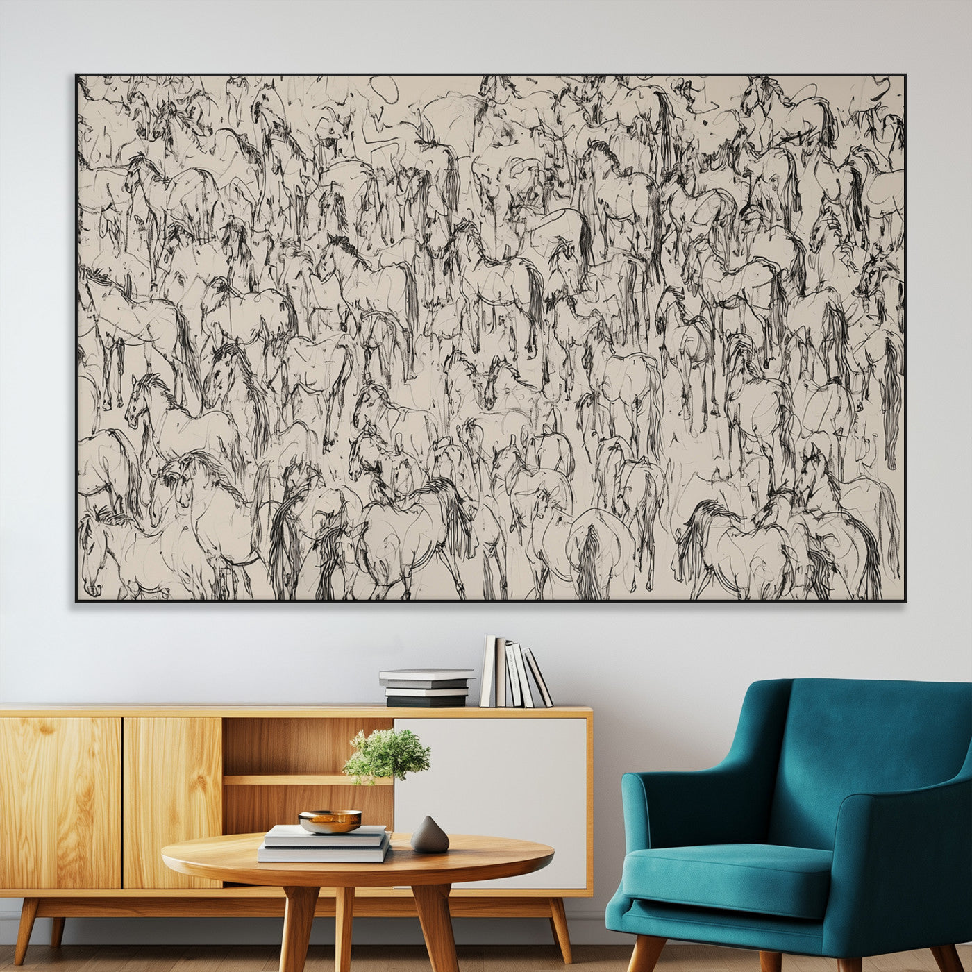12358908-MGV-CV-36X24-Wild Horse Stampede Wall Art Canvas Print – Monochrome Running Horses Dynamic Motion Elegant Artwork for Home, Office
