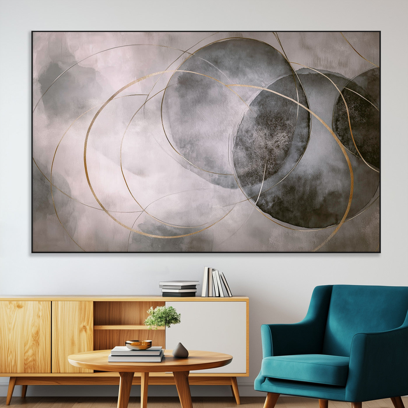 20066876-MGV-CV-36X24-Abstract Grey Gold Circle Wall Art – Modern Geometric Canvas Artwork, Minimal Elegant Design, Luxury Wall Decor for Home, Office