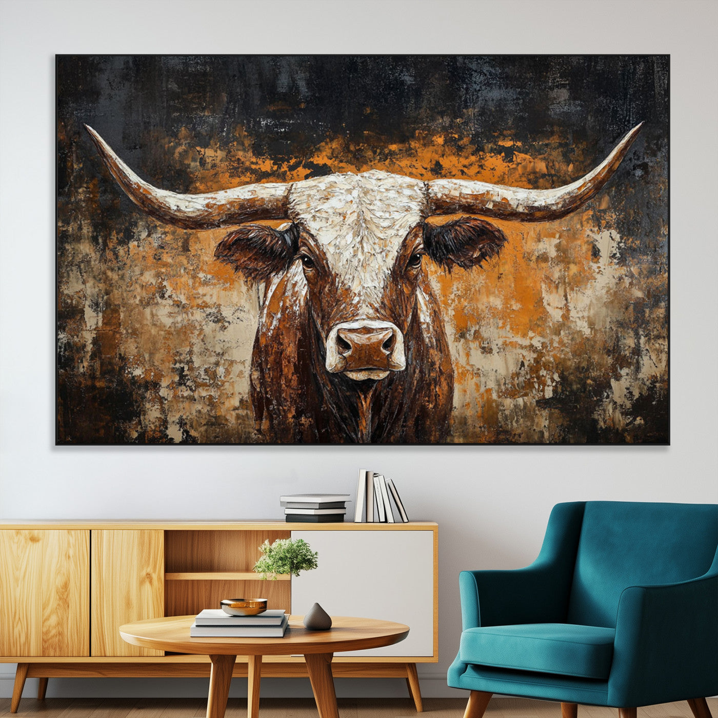 25265572-MGV-CV-36X24-Rustic Longhorn Bull Wall Art Canvas Print – Vintage Western Cattle Scene, Texas Steer Artwork for Home, Office