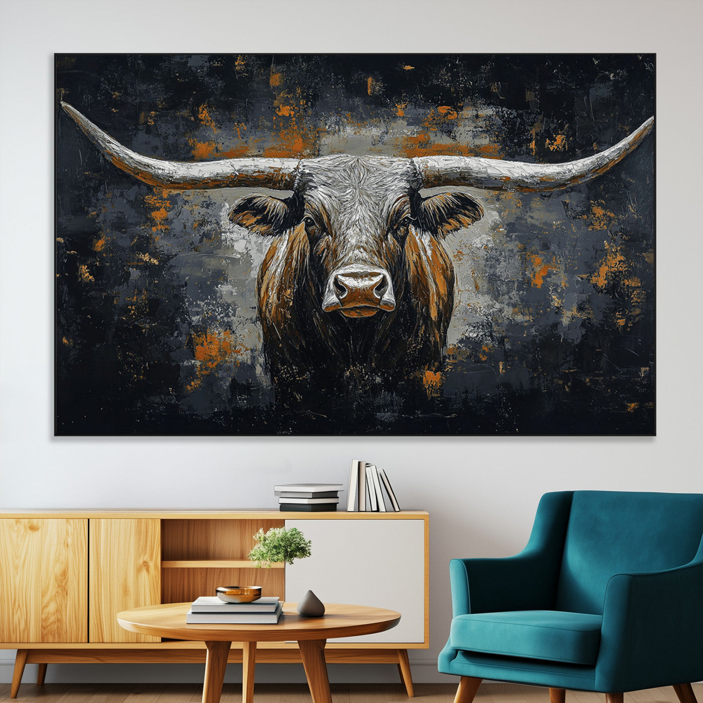 93195031-MGV-CV-36X24-Rustic Longhorn Bull Wall Art Canvas Print – Vintage Western Cattle Scene, Texas Steer Artwork for Home, Office
