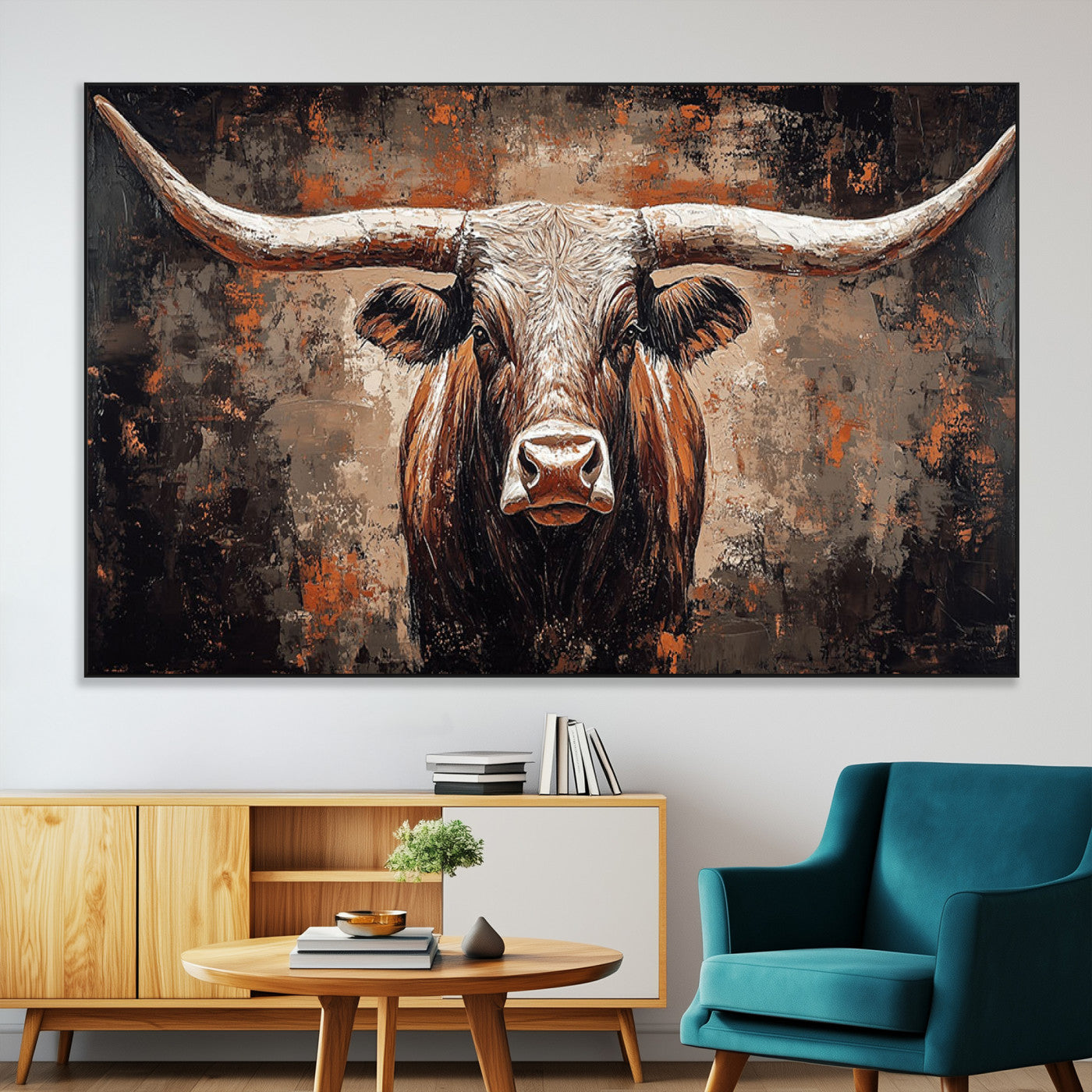 42732393-MGV-CV-36X24-Rustic Longhorn Bull Wall Art Canvas Print – Vintage Western Cattle Scene, Texas Steer Artwork for Home, Office