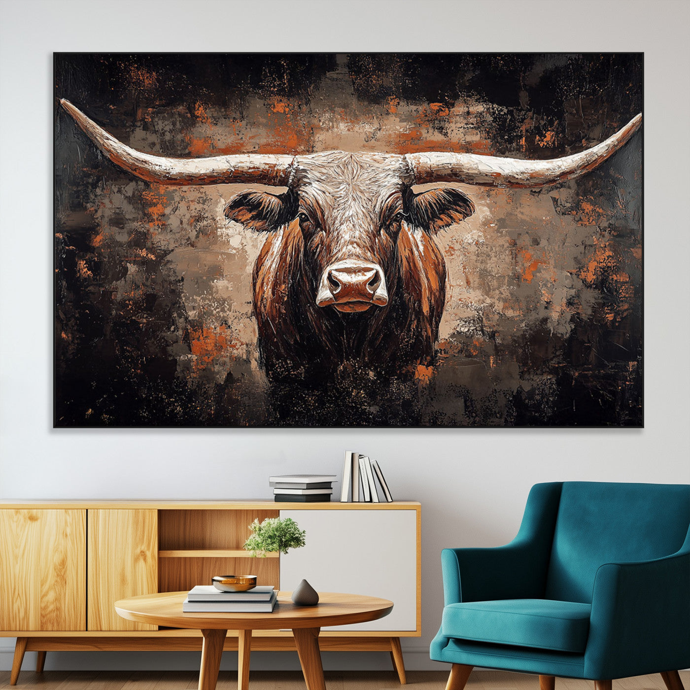 24779067-MGV-CV-36X24-Rustic Longhorn Bull Wall Art Canvas Print – Vintage Western Cattle Scene, Texas Steer Artwork for Home, Office