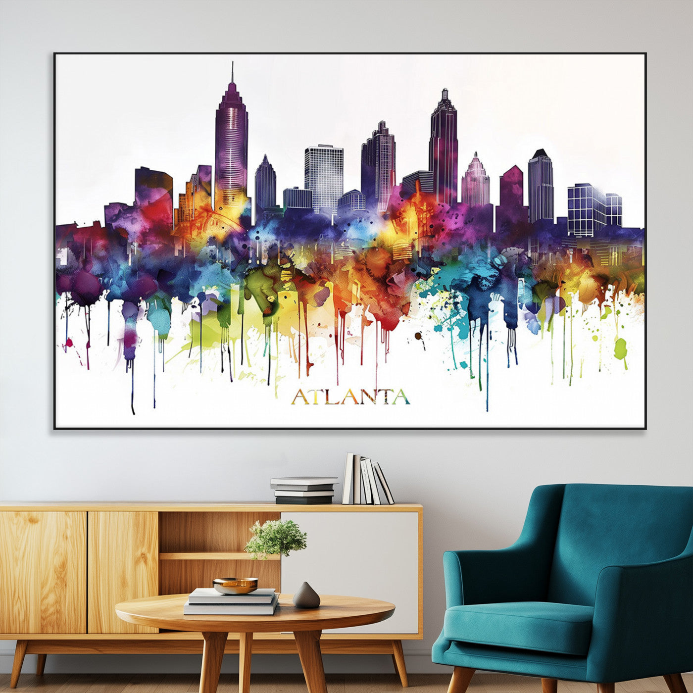 36048320-MGV-CV-36X24-Atlanta Skyline Wall Art Canvas Print – Framed Colorful Watercolor Cityscape Abstract Urban Artwork for Home, Office