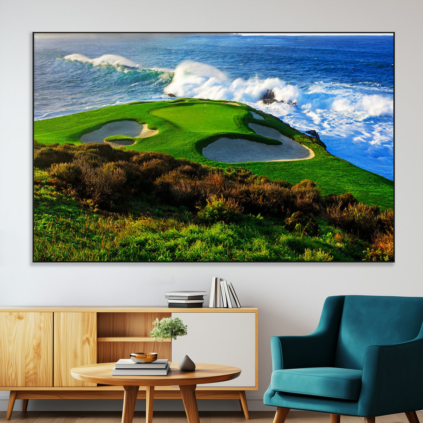 34181847-MGV-CV-36X24-Coastal Golf Course Wall Art Canvas Print – Vibrant Green with Sand Bunkers Overlooking Ocean Waves Artwork for Home, Office