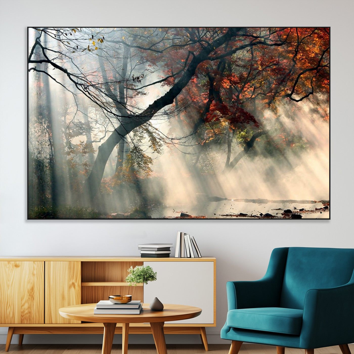 36043878-MGV-CV-36X24-Sunlit Autumn Forest Wall Art Canvas Print – Framed Mist Trees Scene with Peaceful Rays Artwork for Home, Office