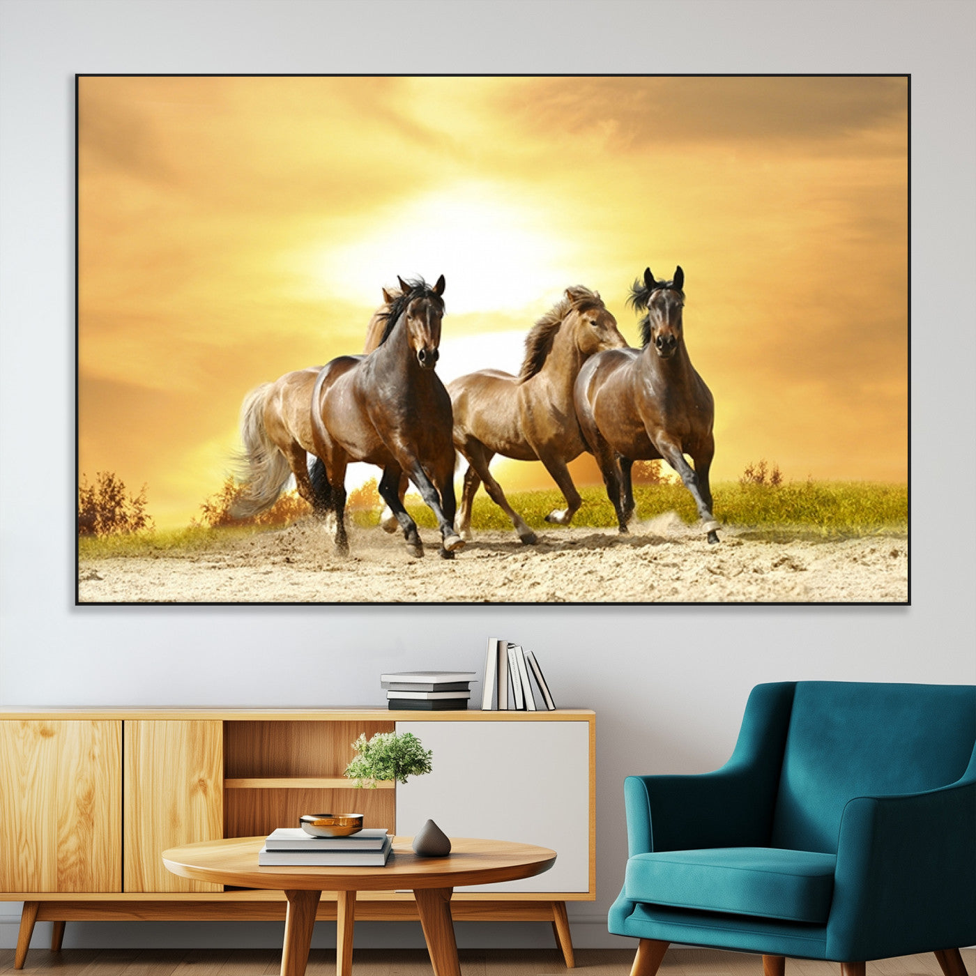 44763-MGV-CV-36X24-Wild Horses Wall Art Canvas Print – Framed Galloping Herd Animal Artwork for Home, Office, Living Room, Guest Room