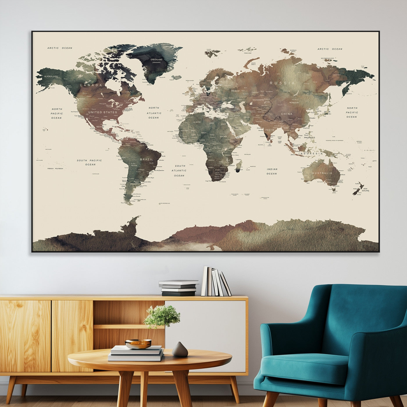 23199-MGV-CV-36X24-Neutral Watercolor World Map Canvas Wall Art – Framed Earth Tone Map Print, Minimalist Travel Artwork for Modern Home and Office Decor