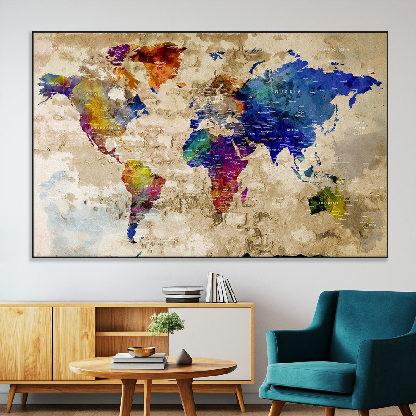 92939-MGV-CV-36X24-Colorful World Map Canvas Wall Art – Abstract Watercolor Map Print, Modern Travel Decor for Home Office or Study