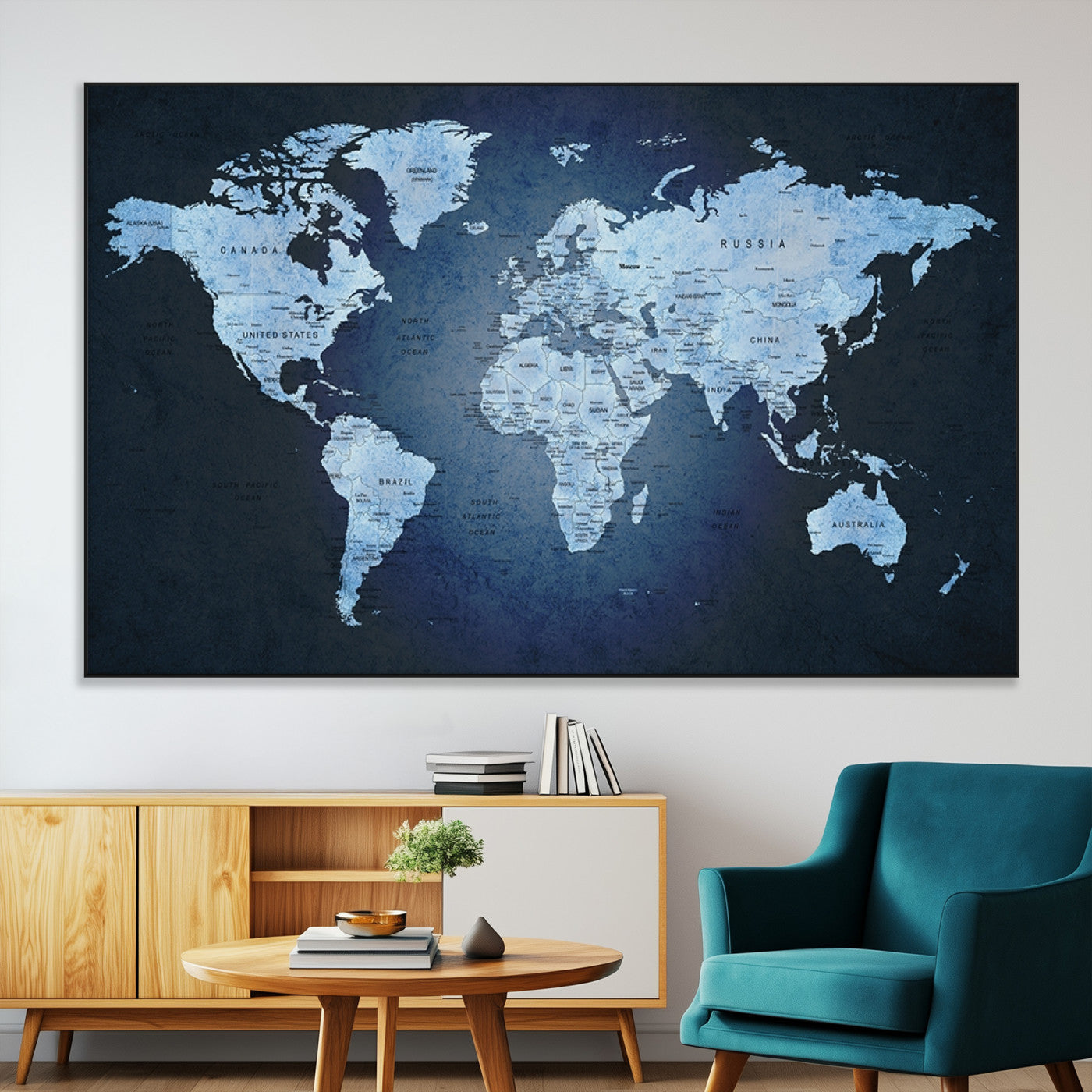 26249-MGV-CV-36X24-Blue World Map Canvas Wall Art – Framed Modern Push Pin Travel Map for Home and Office Decor, Elegant Navy Global Wall Artwork for Travelers