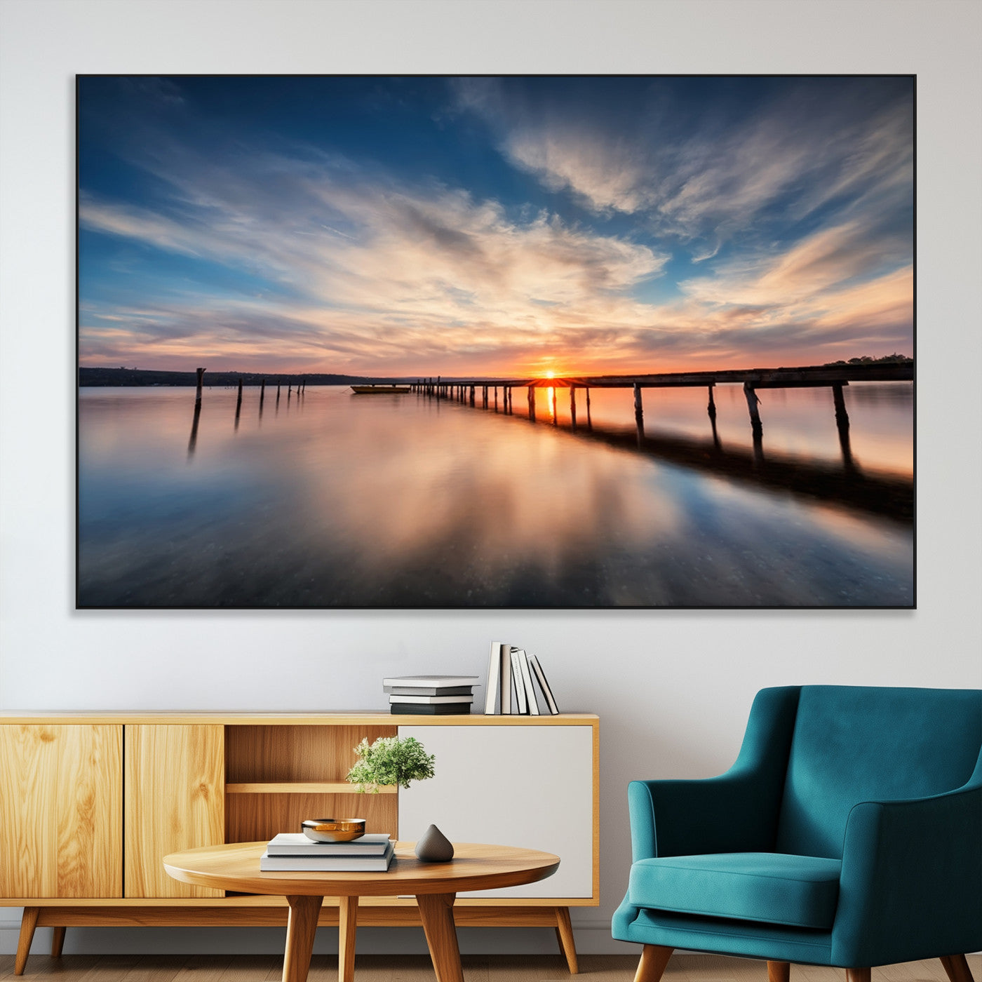 39967-MGV-CV-36X24-Wooden Pier on Seascape and Sunset Wall Art Canvas Print