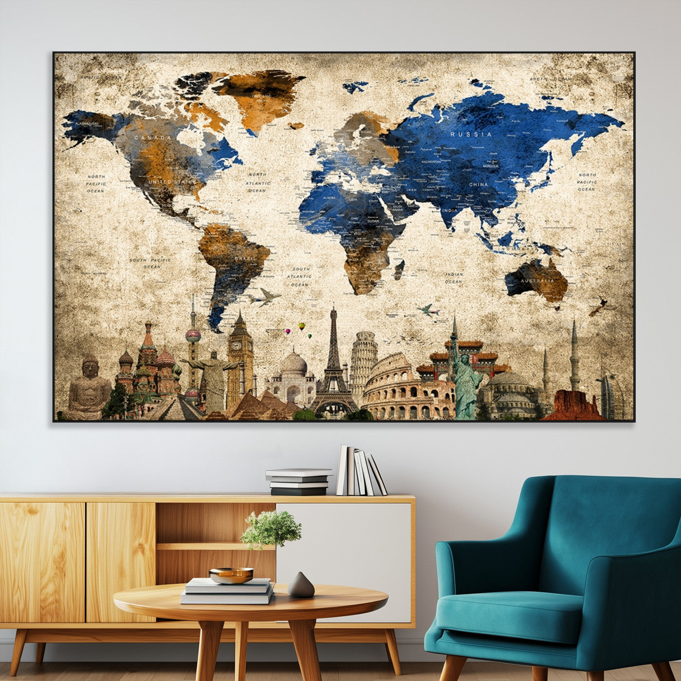 20261-MGV-CV-36X24-World Map Canvas Print – Vintage Blue and Gold World Map Wall Art, Framed Travel Inspired Decor for Living Room or Office