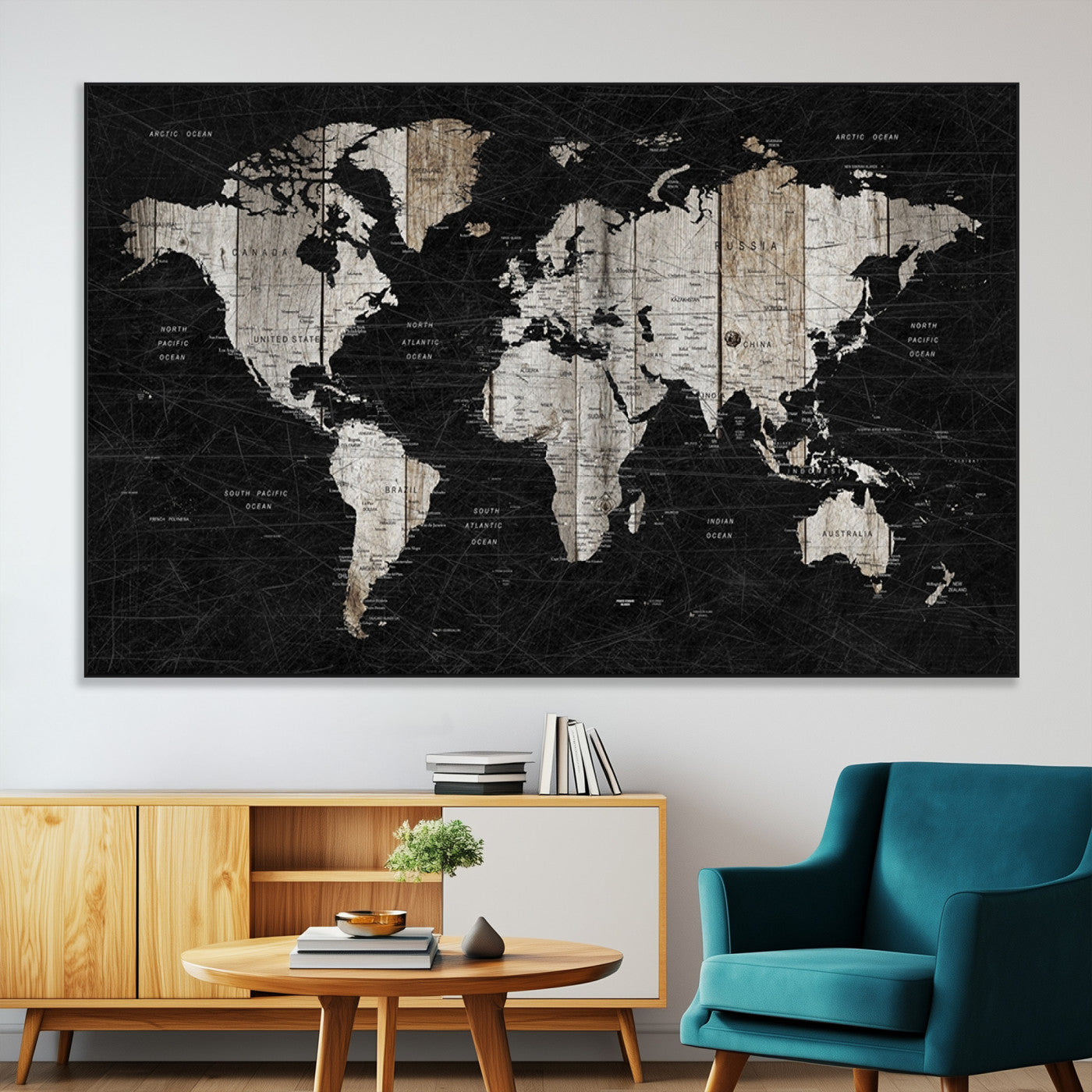 89998-MGV-CV-36X24-Rustic Black and Wood World Map Canvas Wall Art – Framed Push Pin Travel Map for Home and Office Decor, Modern Vintage Wall Artwork