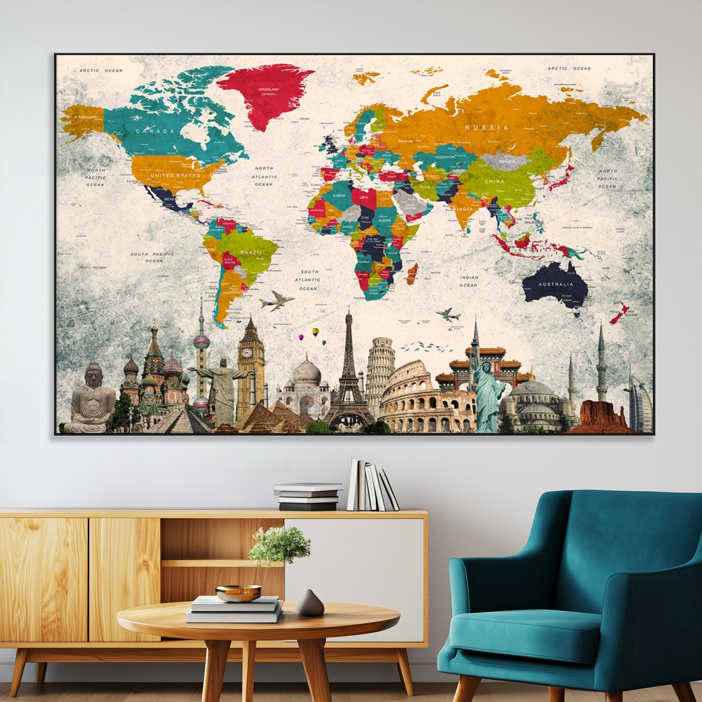 98056-MGV-CV-36X24-Colorful World Map Canvas Wall Art with Landmarks – Framed Travel Map Print for Home and Office Decor, Perfect Gift for Travel Lovers