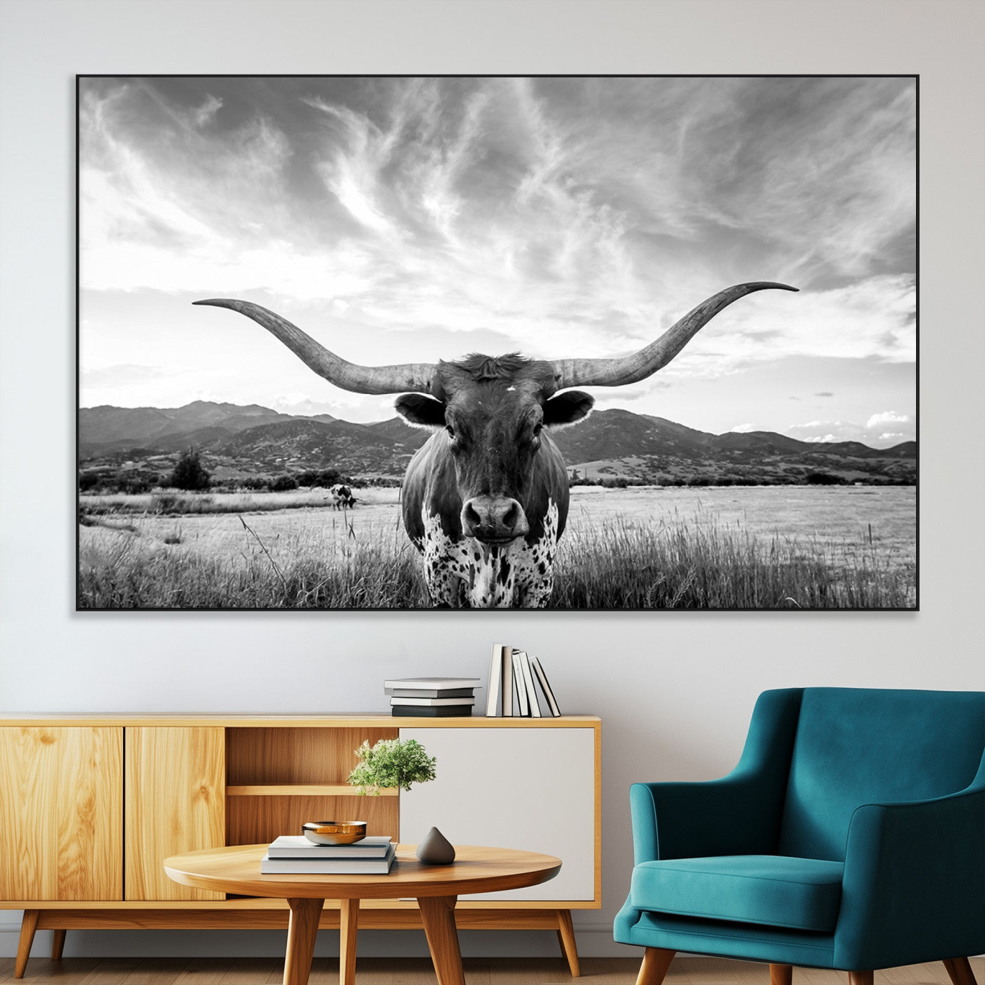 79527-MGV-CV-36X24-Longhorn Black and White Wall Art – Rustic Western Bull Canvas Print, Farmhouse Country Decor for Living Room, Office or Ranch, Cowboy Wall Artwork