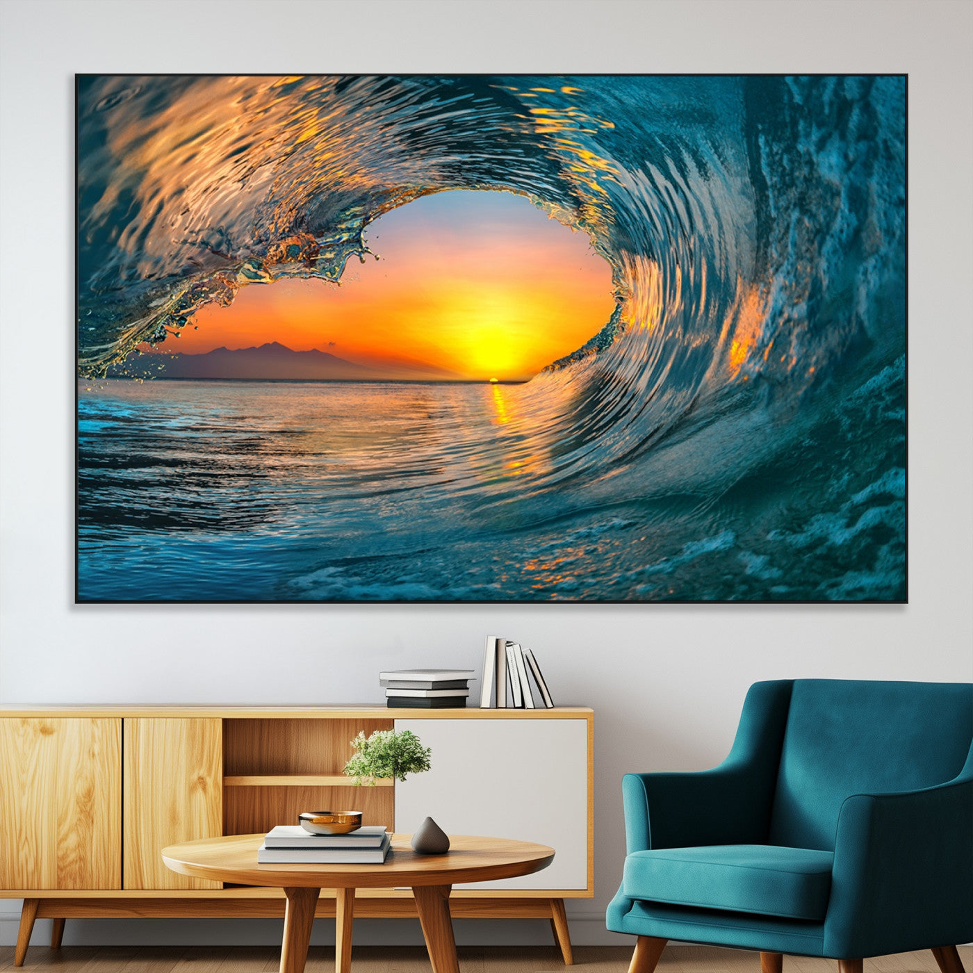 84279-MGV-CV-36X24-Ocean Wave Sunset Wall Art | Large Coastal Wave Canvas Print | 3-Panel Ocean Sunset Seascape for