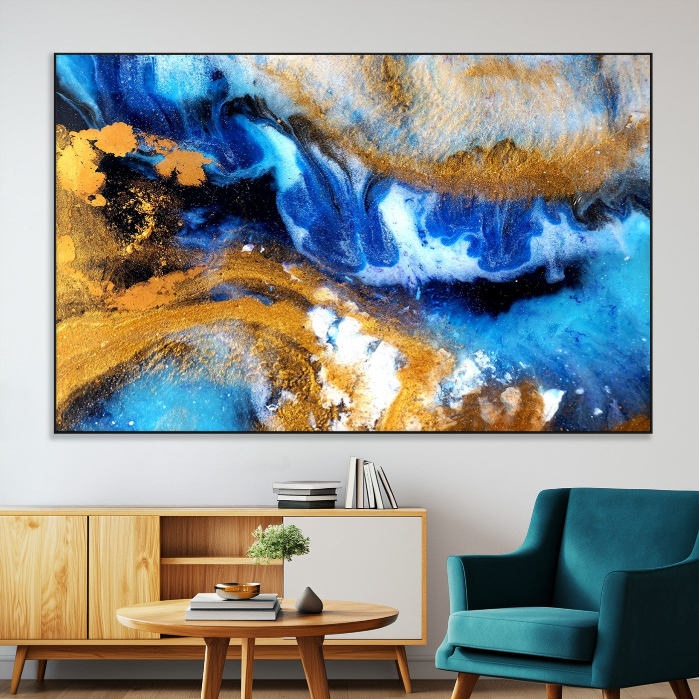 42100-MGV-CV-36X24-Blue Orange Marble Fluid Effect Canvas Wall Art Print