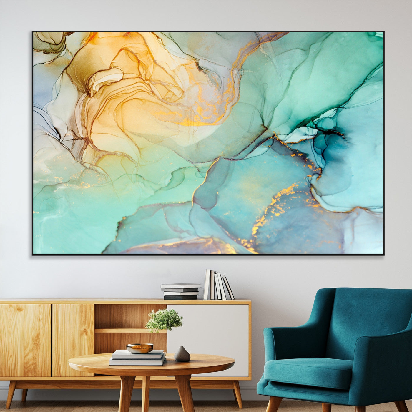 84233-MGV-CV-36X24-Abstract Aqua and Gold Fluid Wall Art Canvas | 3 Panel Large Canvas Print for Living Room, Office,