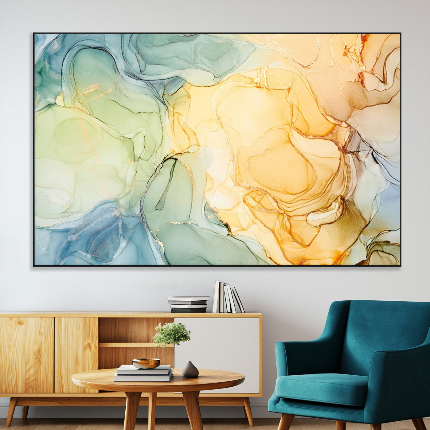 42195-MGV-CV-36X24-Green and Yellow Marble Fluid Effect Wall Art, Green and Yellow Marble Canvas Wall Art Print