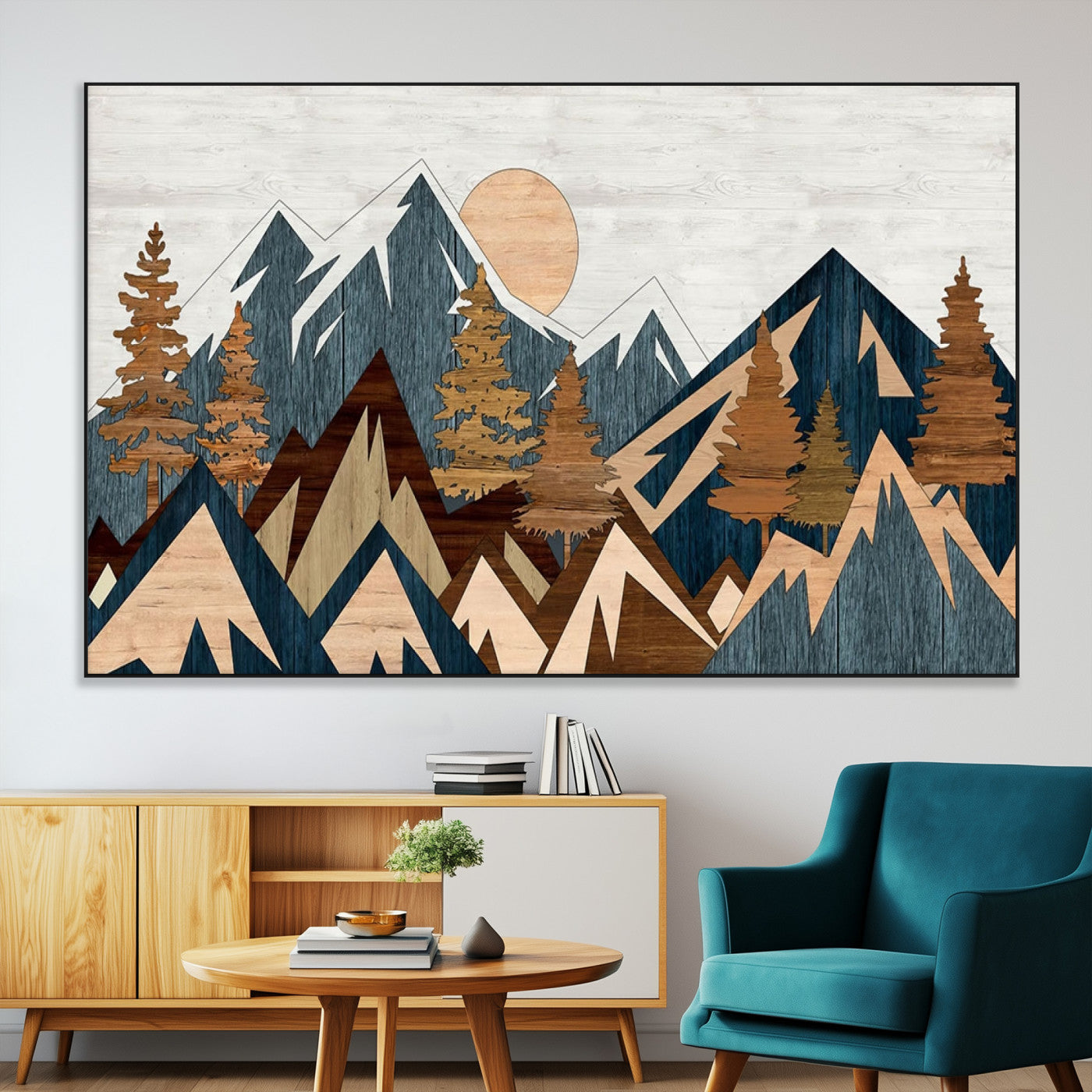 91467-MGV-CV-36X24-Abstract Wood Panel Effect Mountain Range Top Wall Art Canvas Print