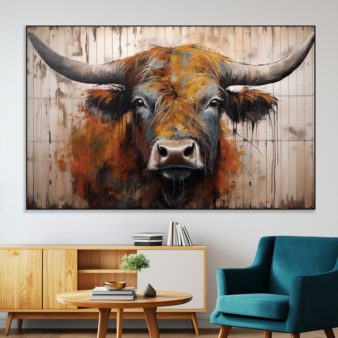 47284-MGV-CV-36X24-Abstract Bull Highland Cow Canvas Wall Art Print – Vibrant Rustic Charm in Modern Farmhouse Decor –