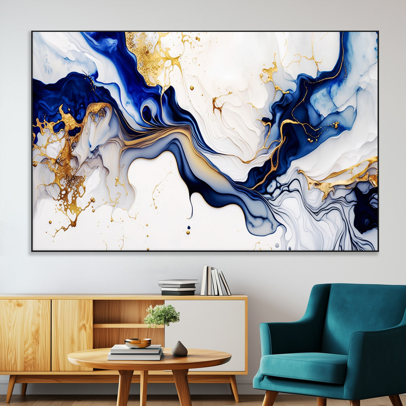 93392-MGV-CV-36X24-Golden Cascades on Midnight Blue – Deep Blue Abstract Wall Art Flowing Elegance | Wall Art Canvas,