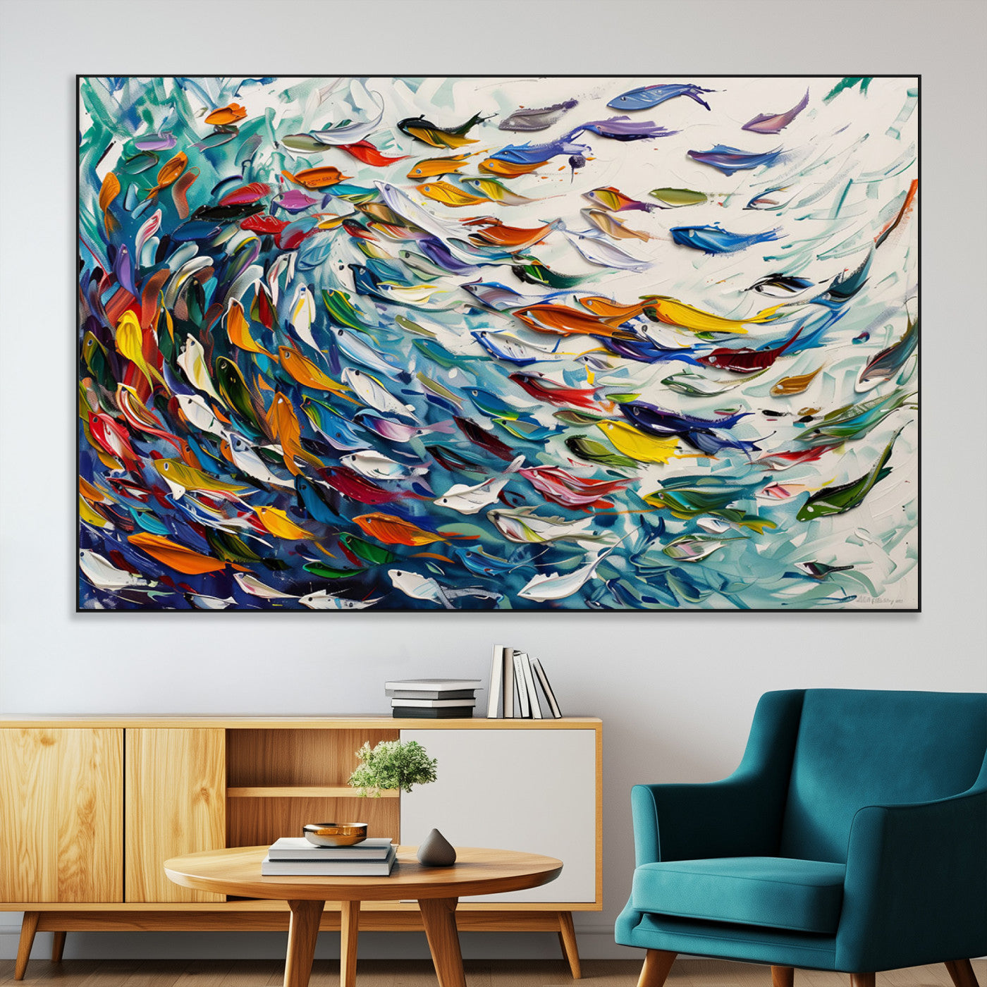 80105-MGV-CV-36X24-Modern Abstract Fish Shoal Wall Art Canvas Print, Colorful Fish Herd Painting on Canvas Print, Ocean