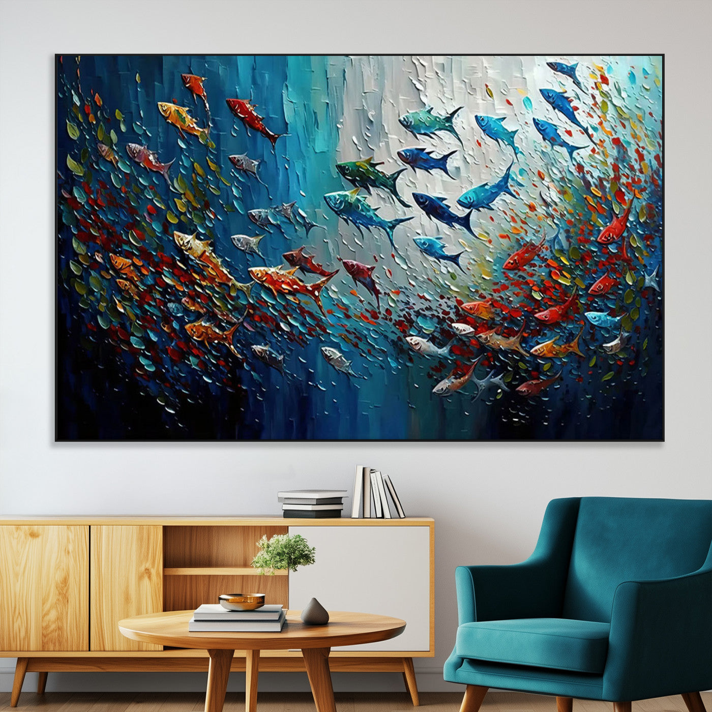 -Modern Abstract Fish Shoal Wall Art Canvas Print, Colorful Fish Herd Painting on Canvas Print, Ocean
