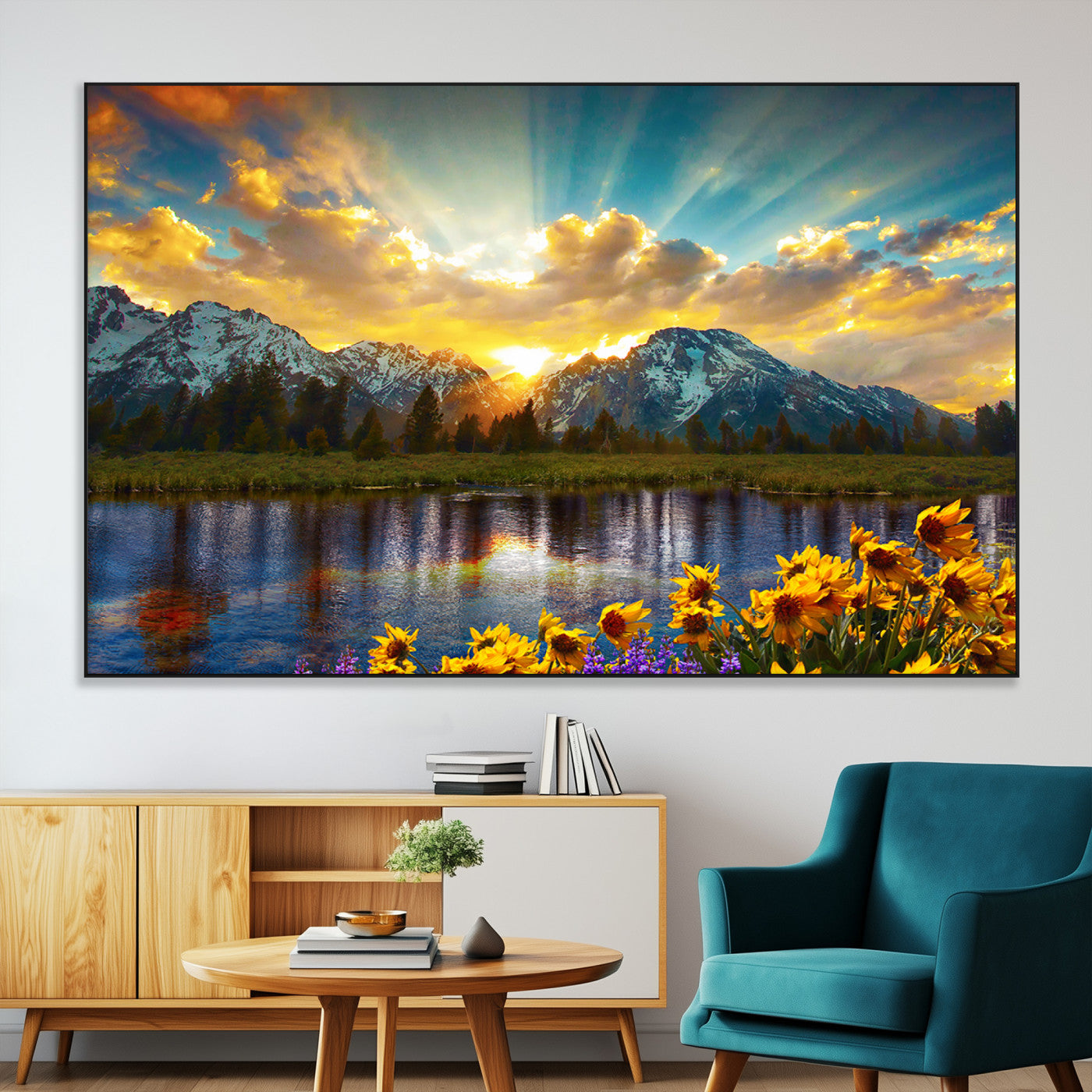 42292-MGV-CV-36X24-Mountain Sunrise Wall Art – Vibrant Landscape Canvas Print with Wildflowers and River Reflection, Nature Scenery Decor for Living Room or Bedroom